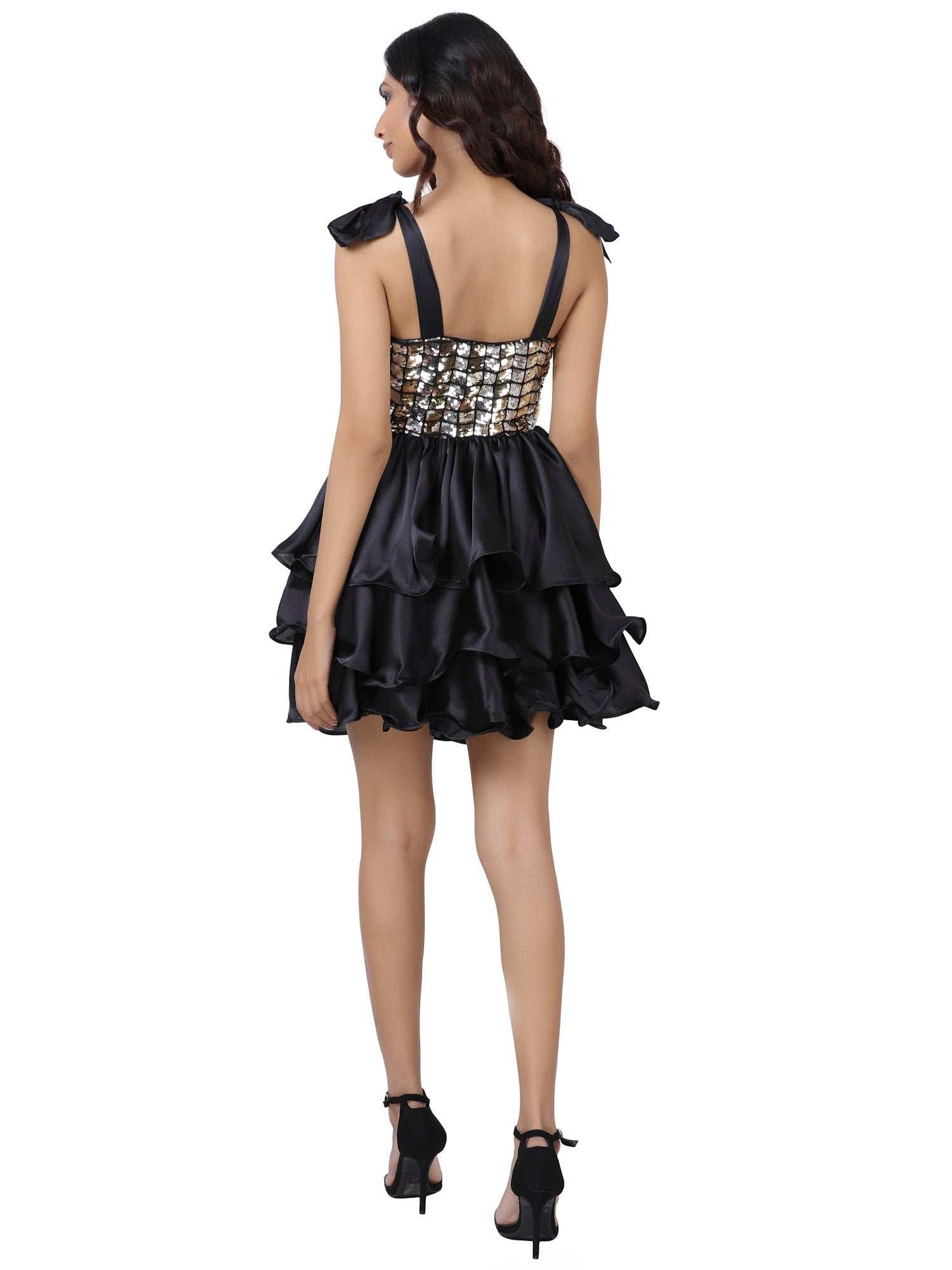 blackbird sequin ruffle tie up dress