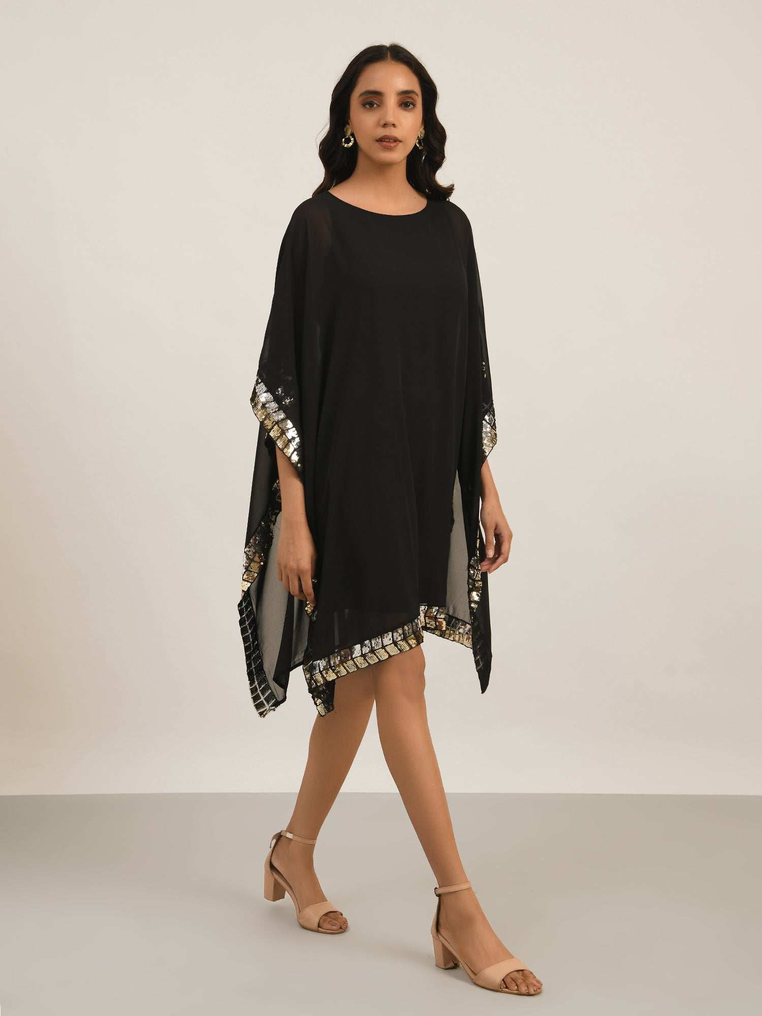 black dual tone sequins cape dress