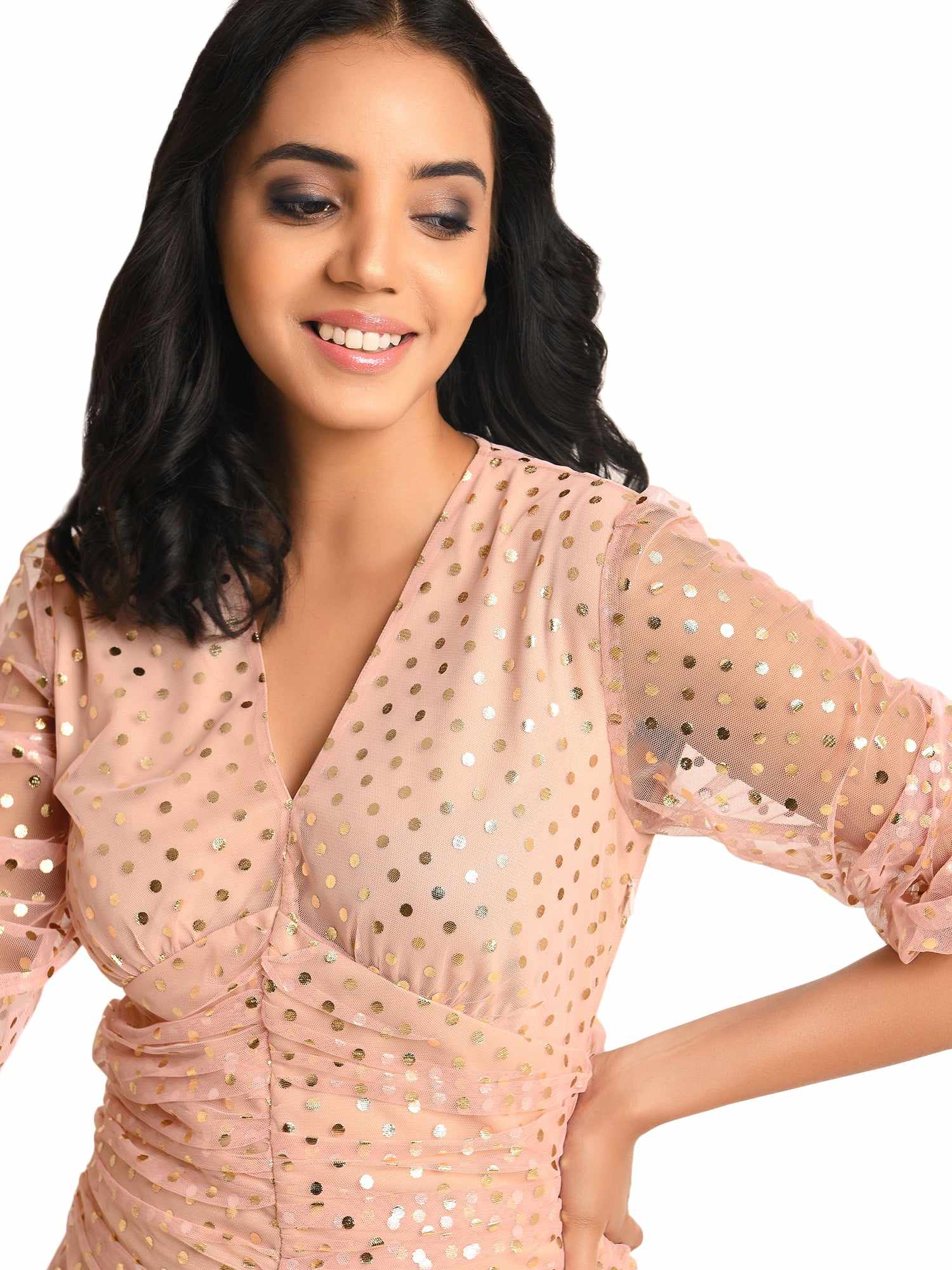 rose pink gold polka dots mesh dress