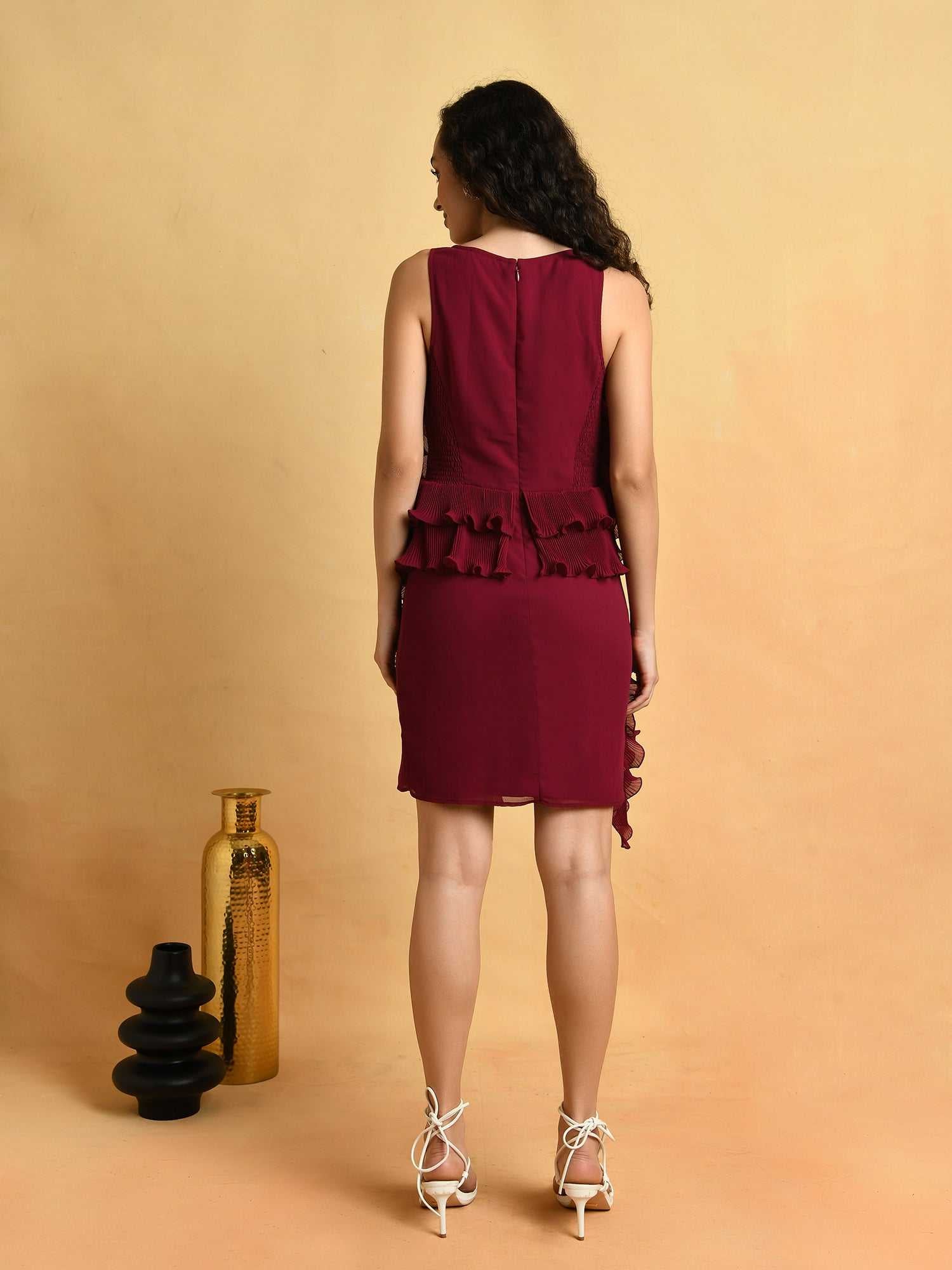 plum pleated ruffle dress