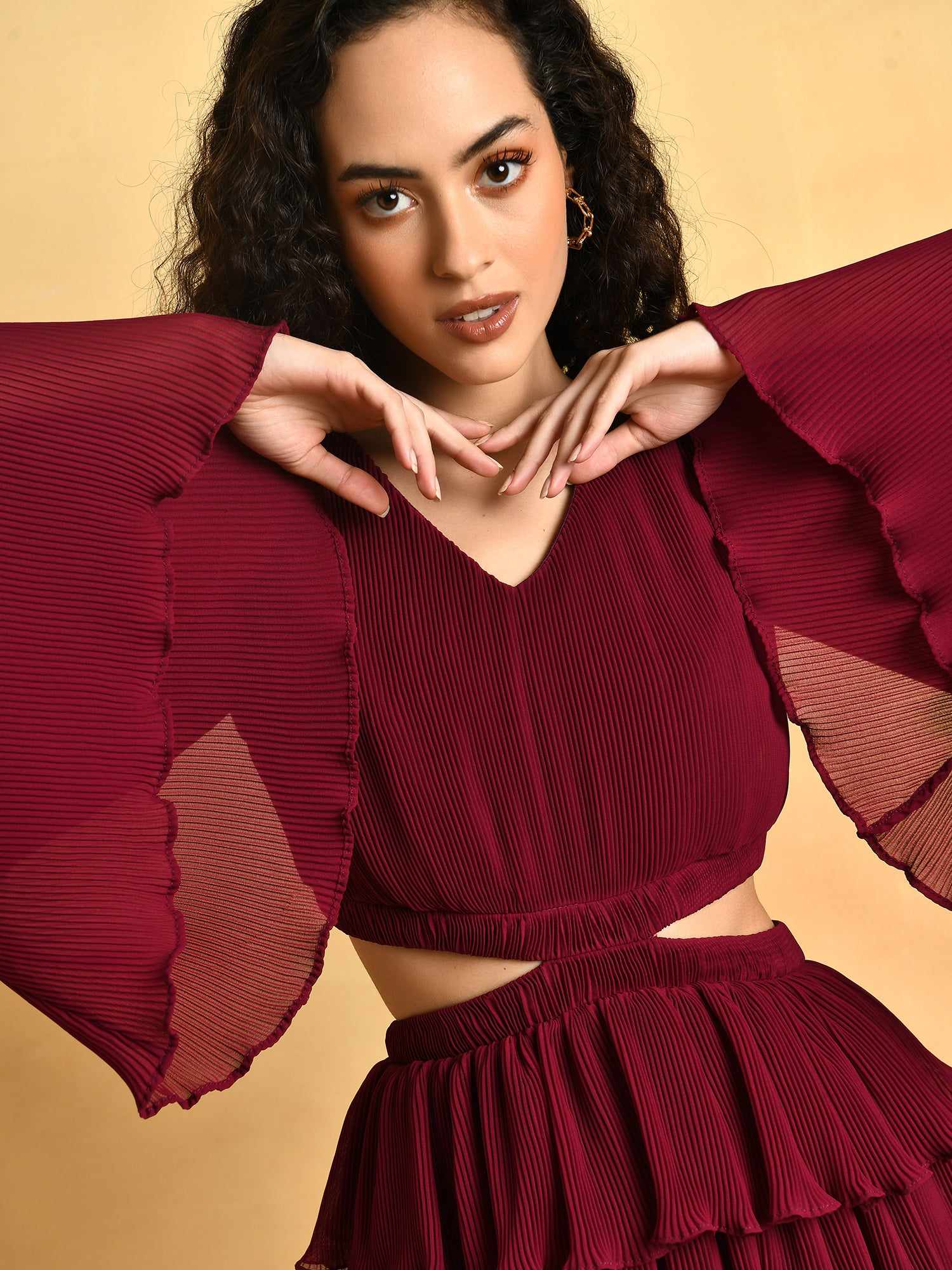 plum georgette pleated mini dress