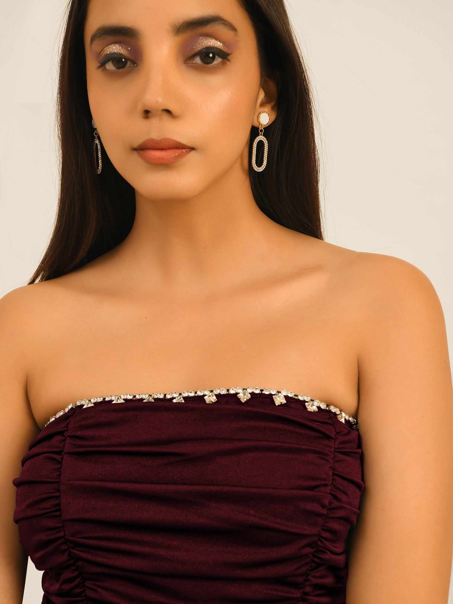 wine ruche dress with swarovski
