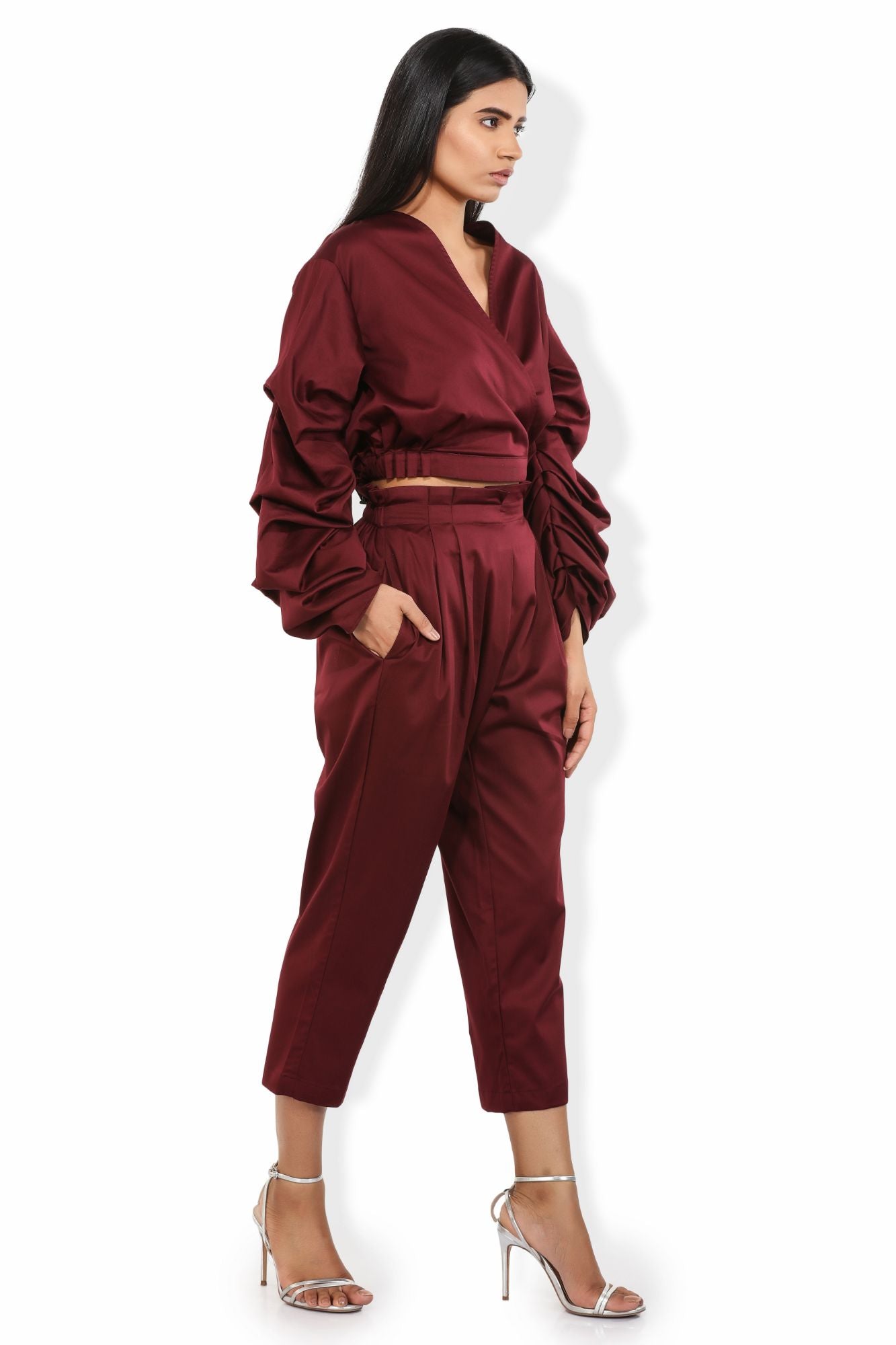 mohangony pleated waistline cotton satin blend crop pants