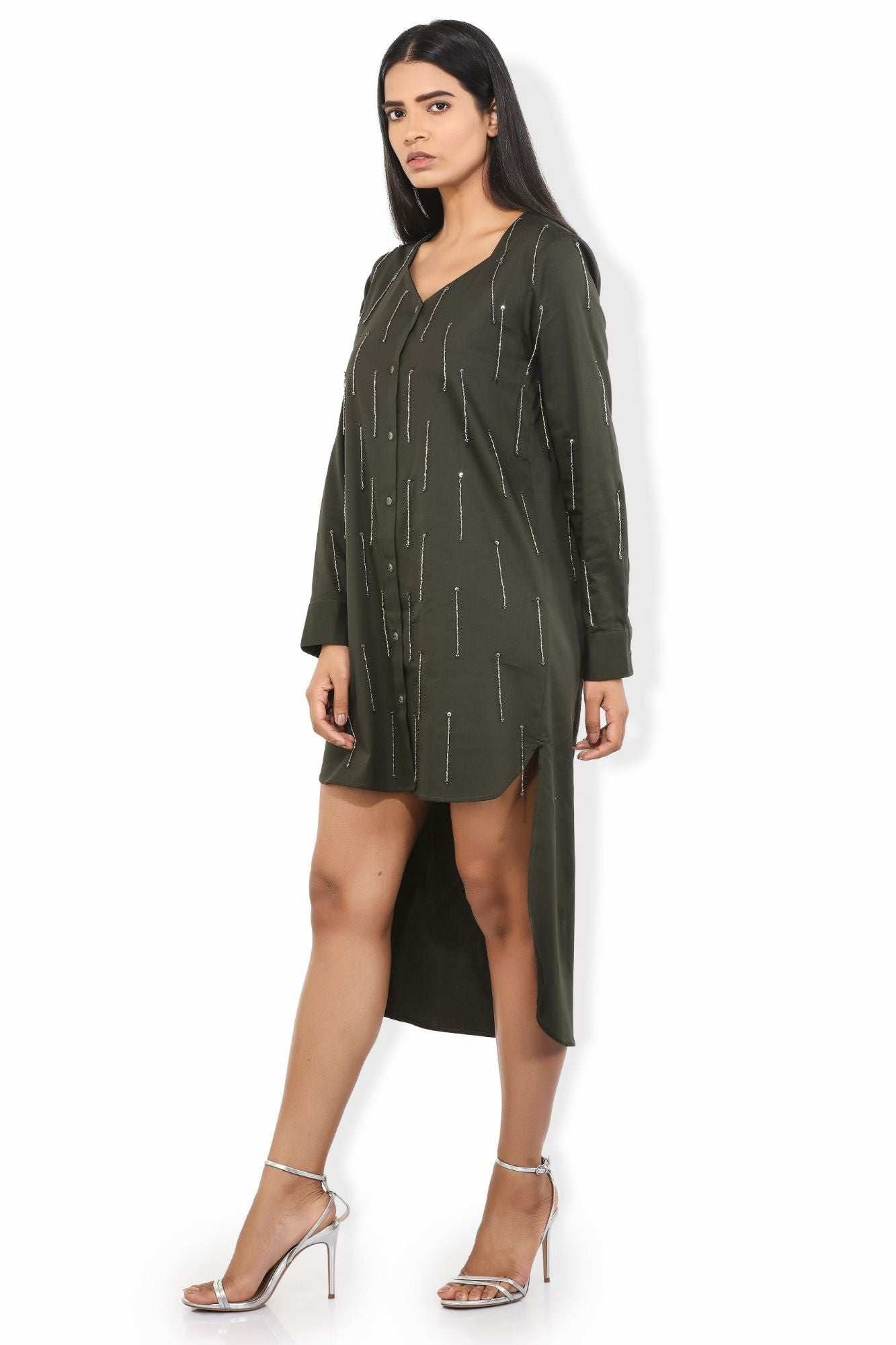 olivia fern green silver sequin tassels high low shirt dress