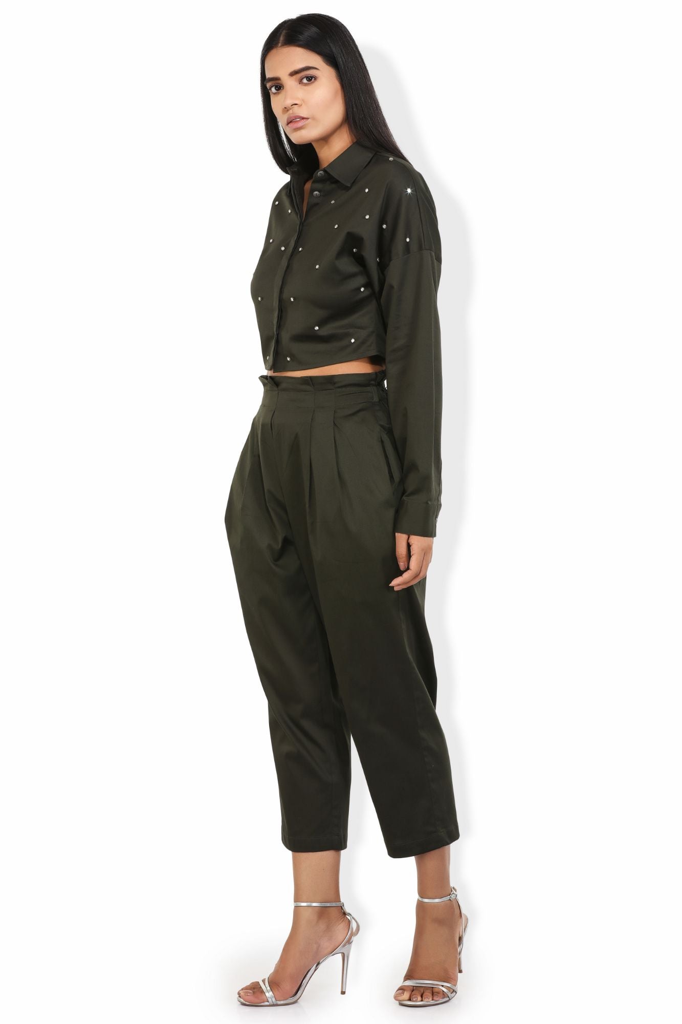drop sleeves fern green crop shirt with silver crystals embellishments