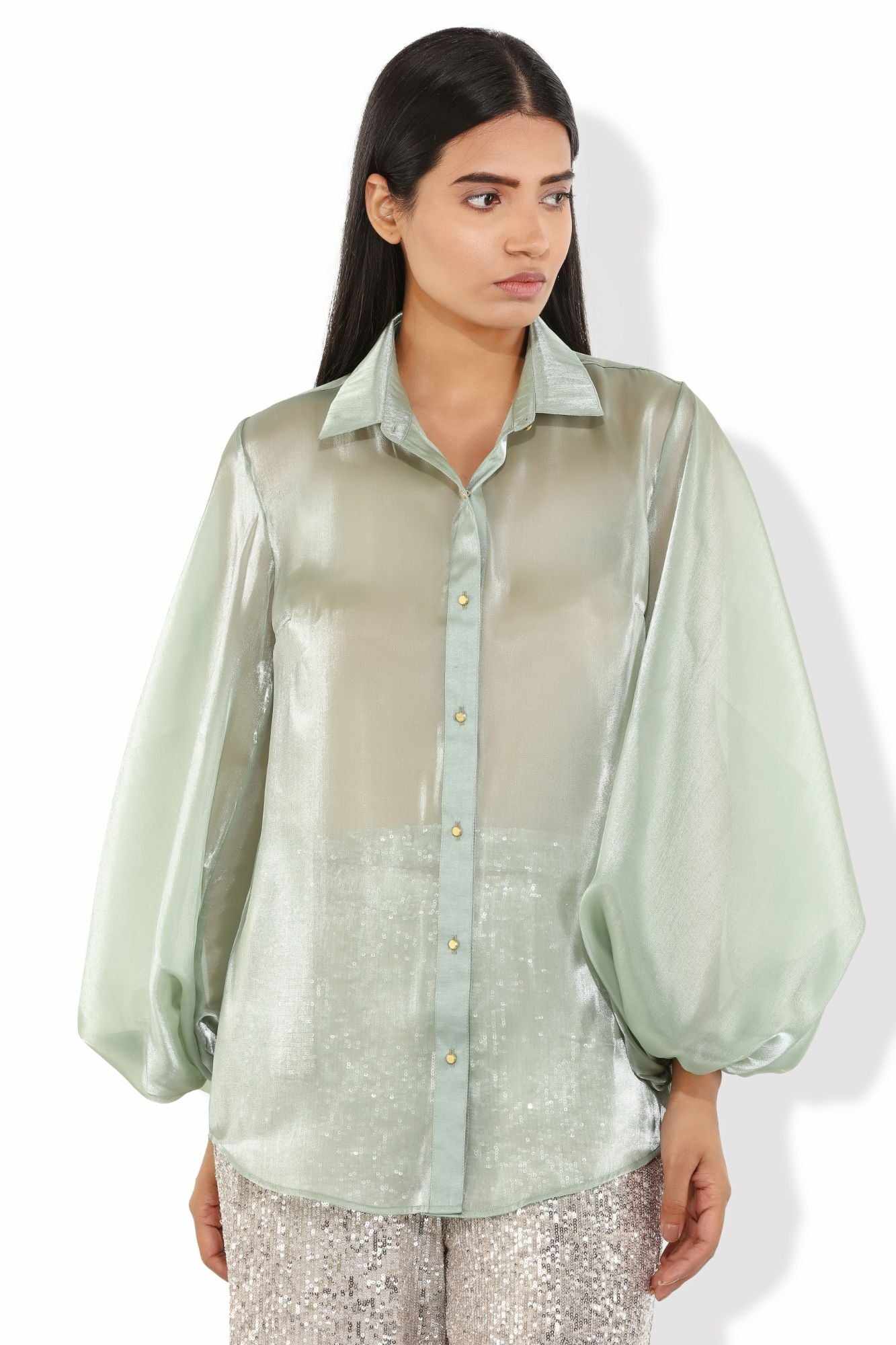 lime green billowy sleeved glass organza shirt