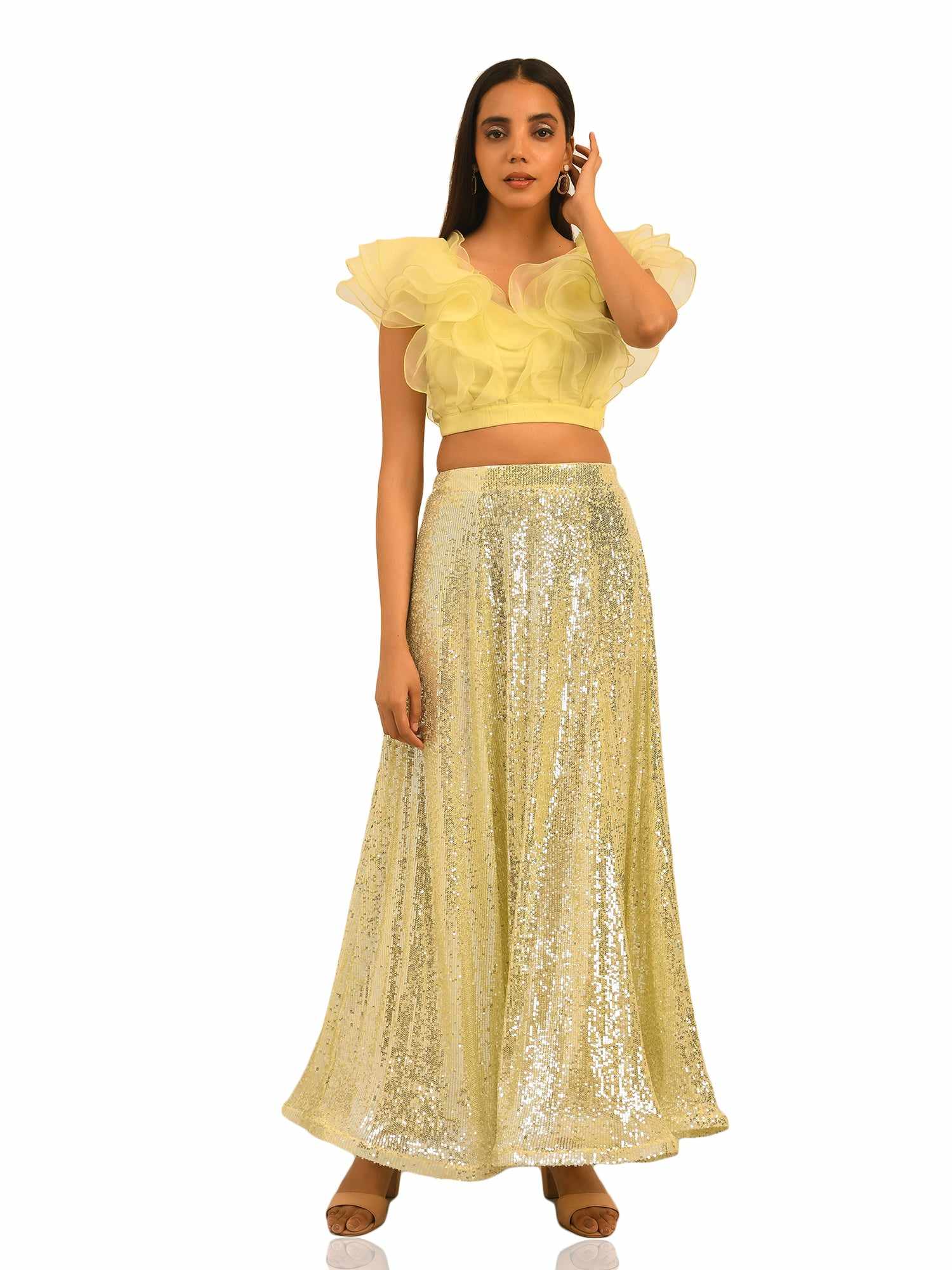 sequined tulle floor length lemon skirt