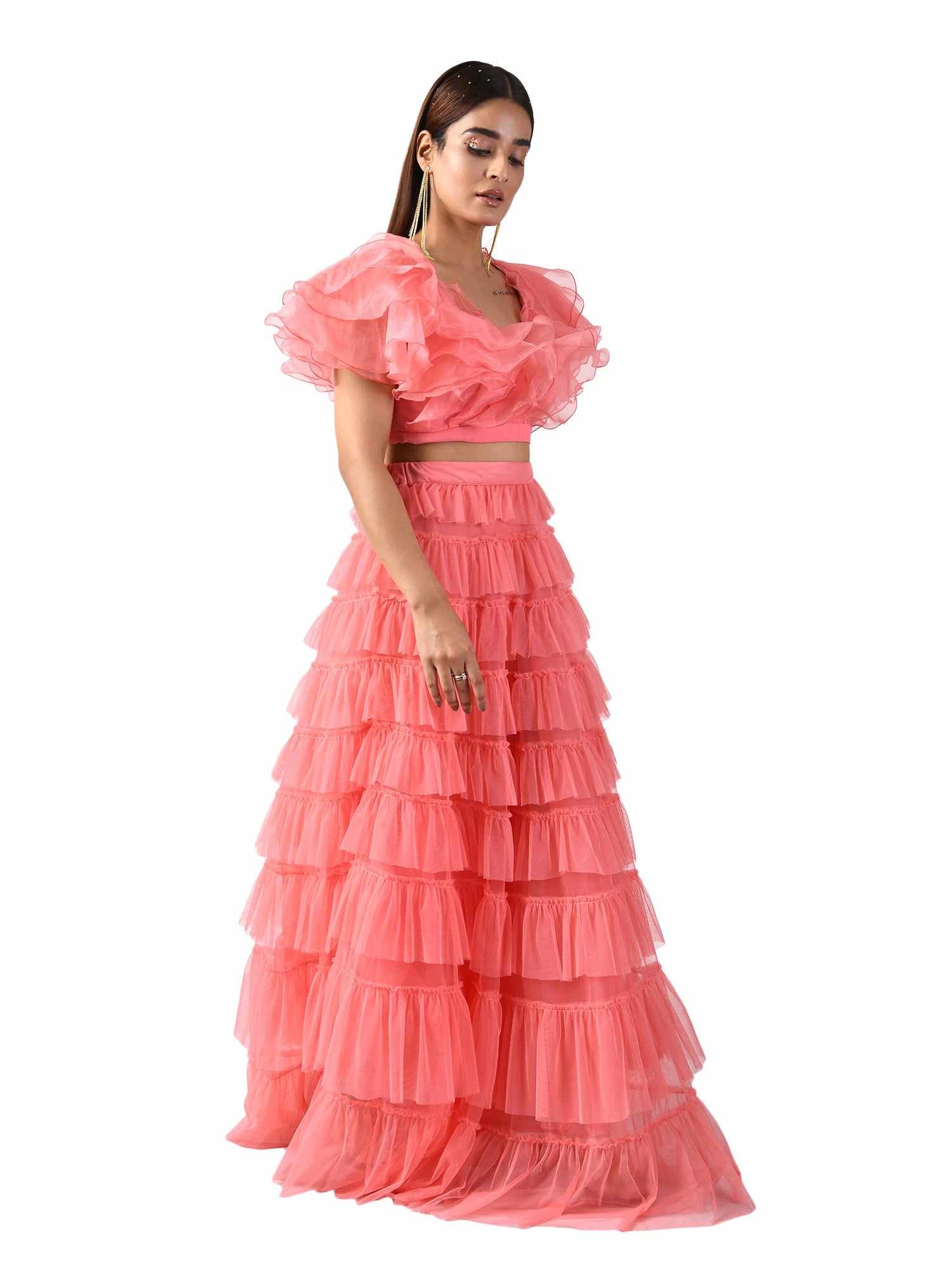 pink ruffles long skirt