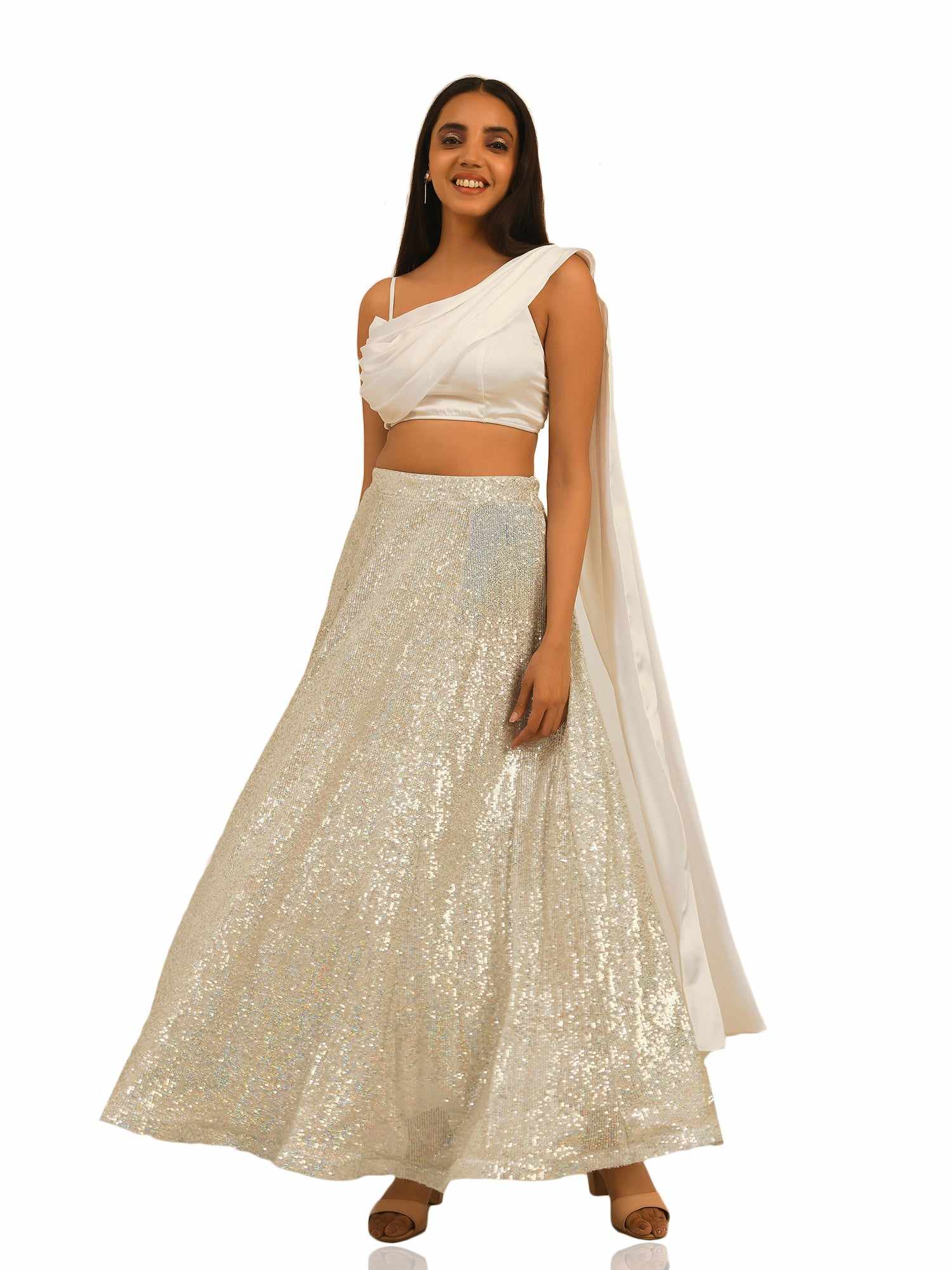 sequined tulle floor length white skirt