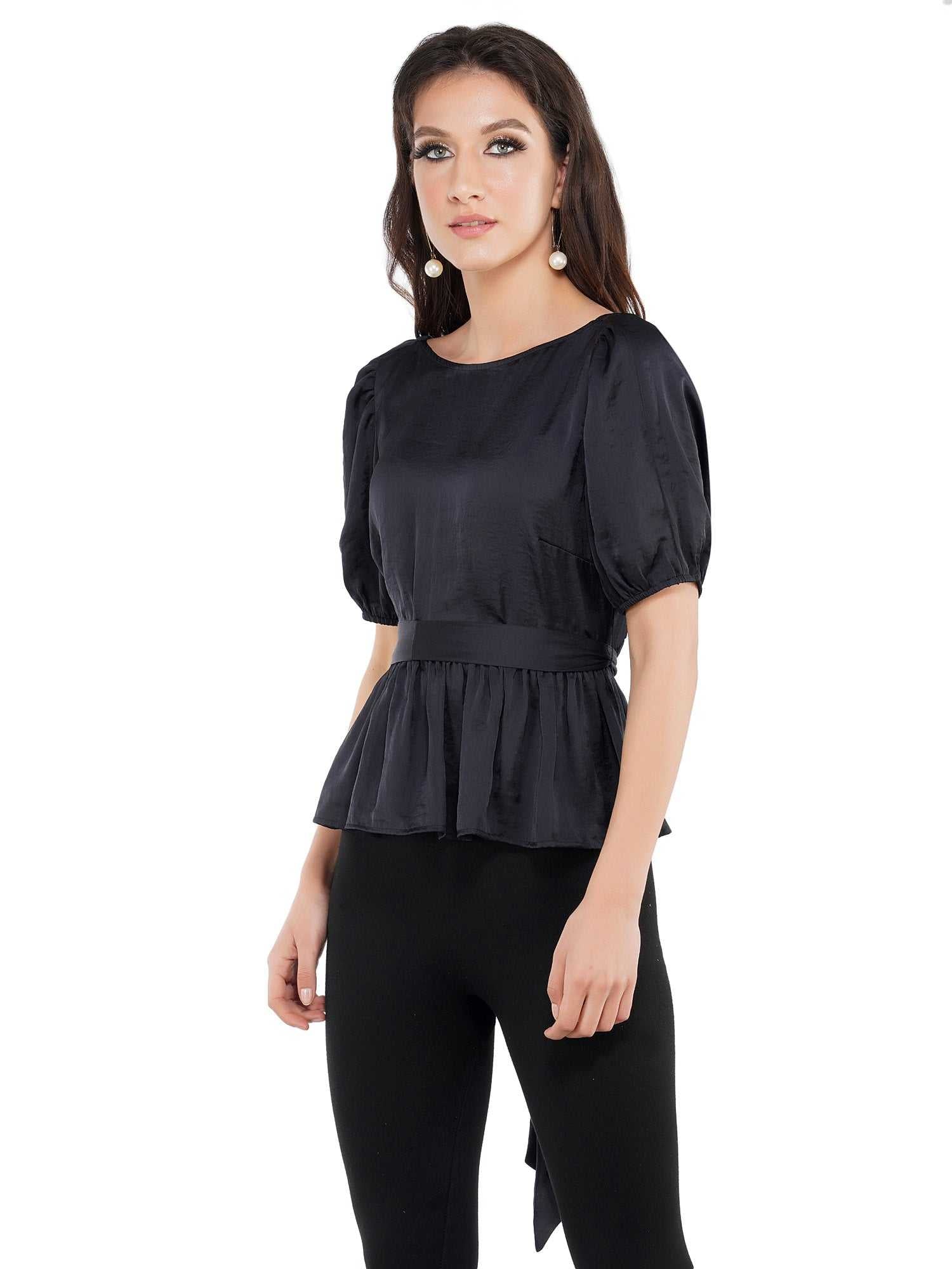 shine in black peplum wrapped blouse