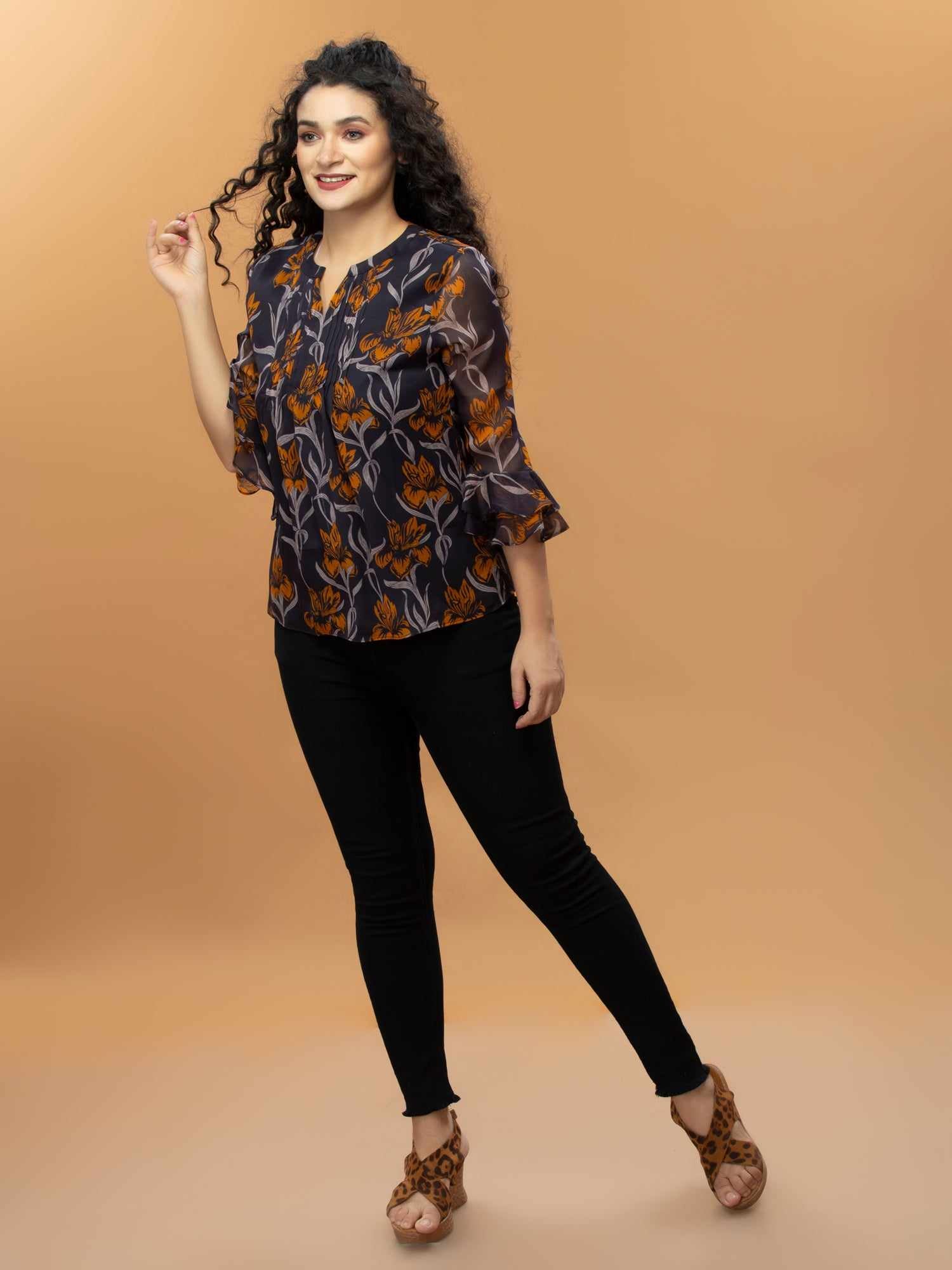front pleated printed top