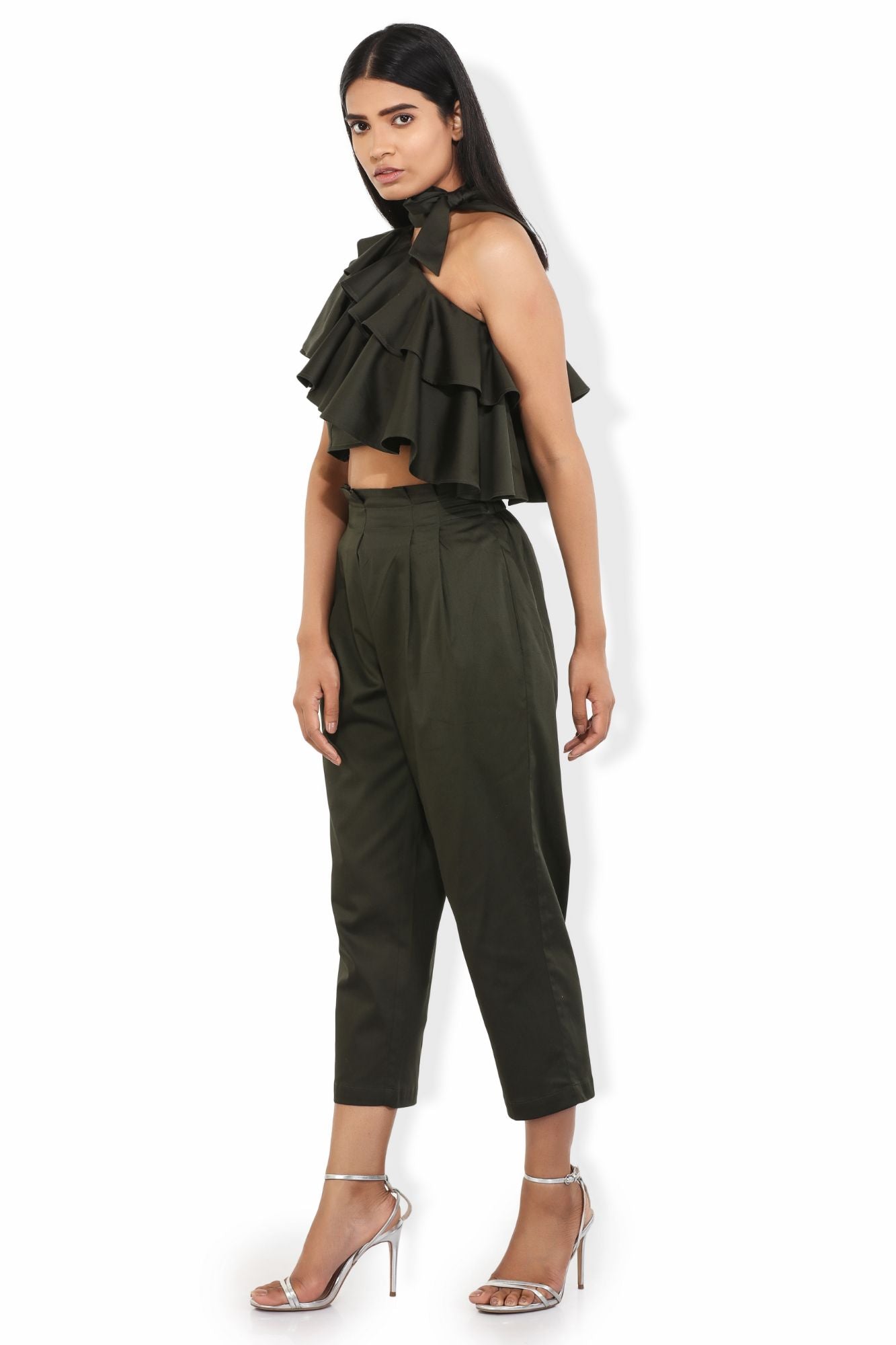 off shoulder fern green ruffled crop blouse with neck bow tie