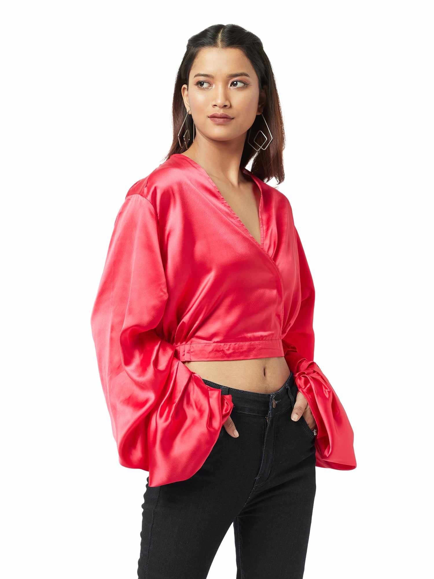 folksy pearl red satiny crop top