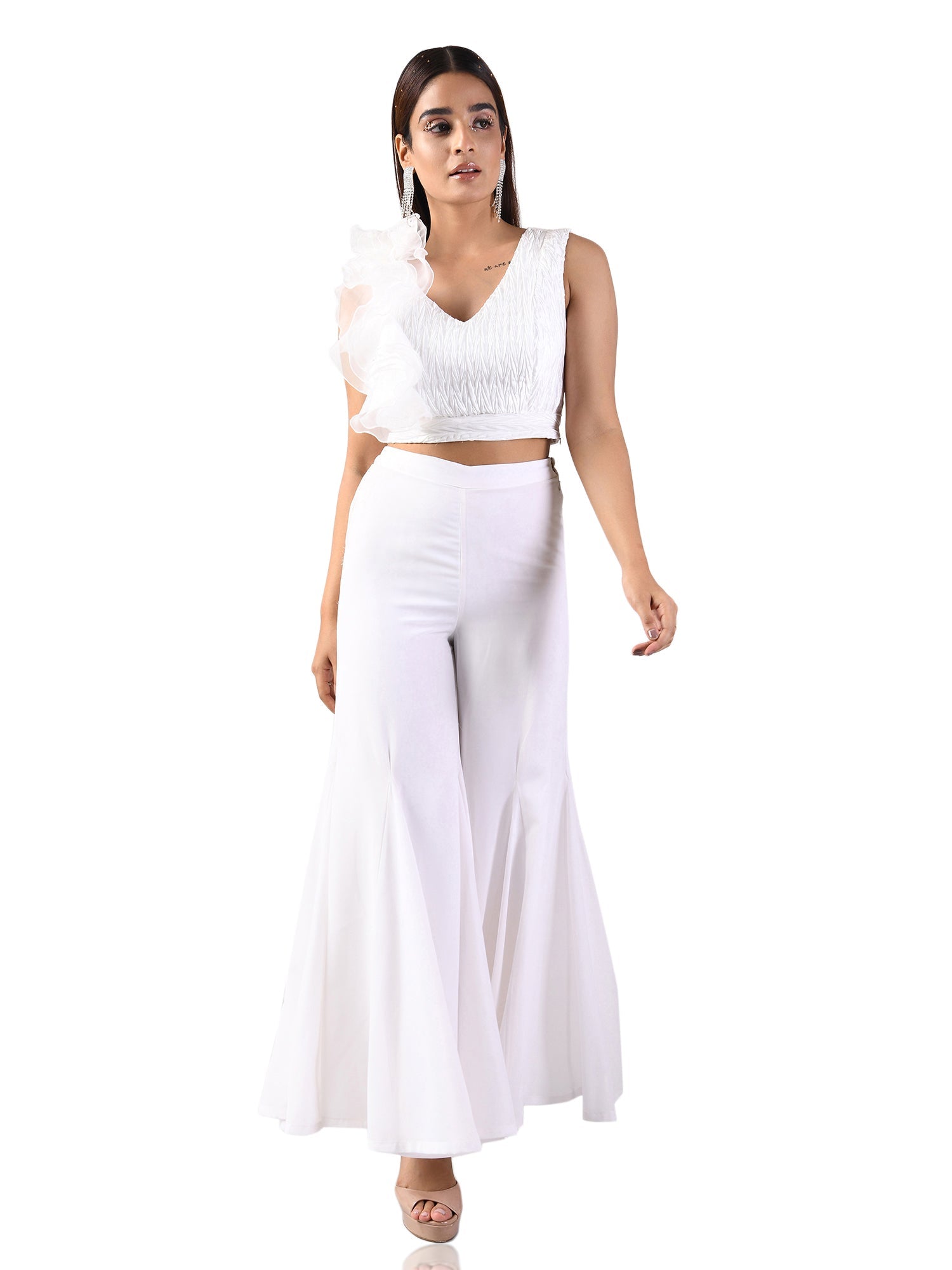 one shoulder ruffles white top