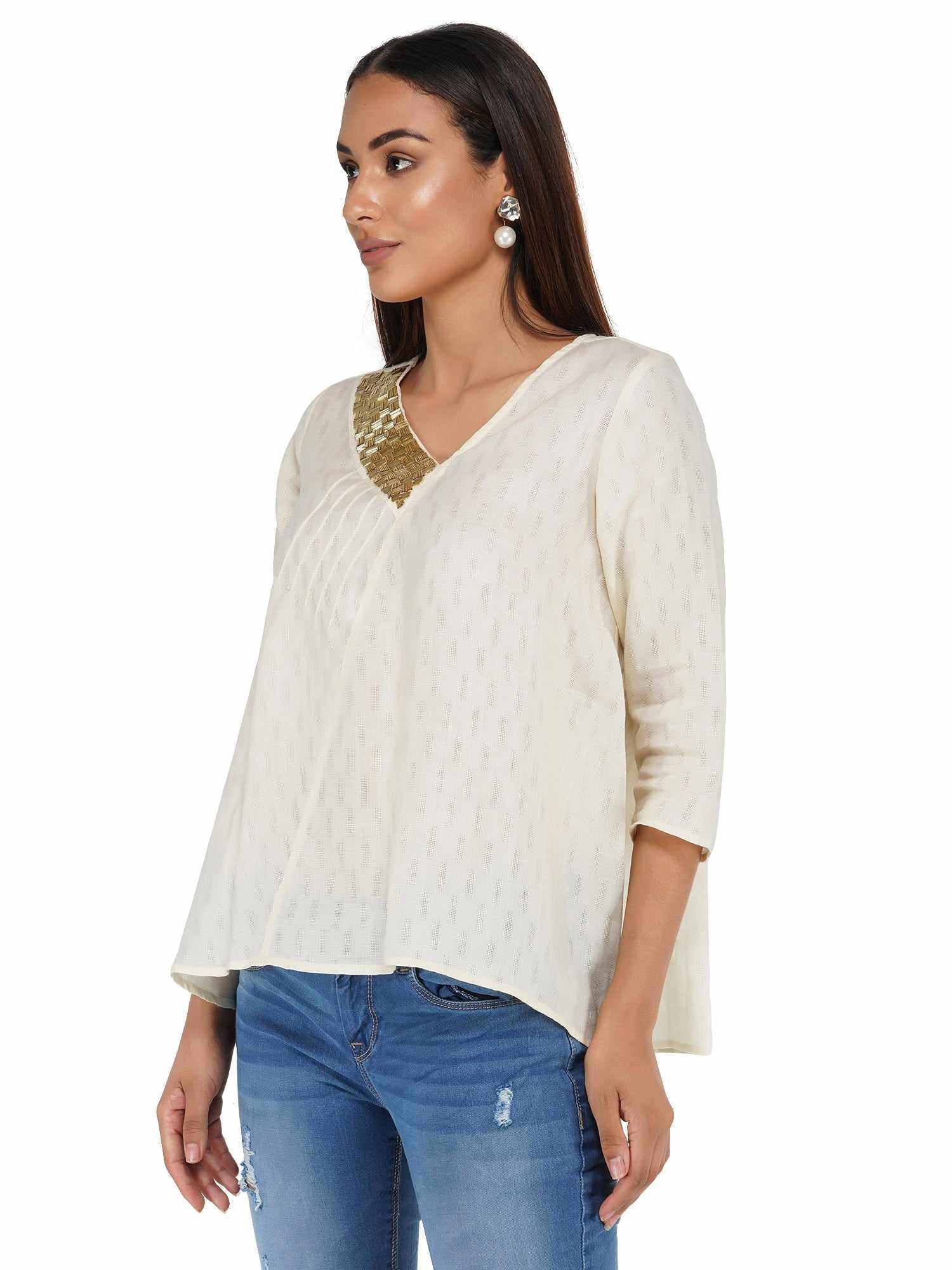 bugle beaded neck linen top