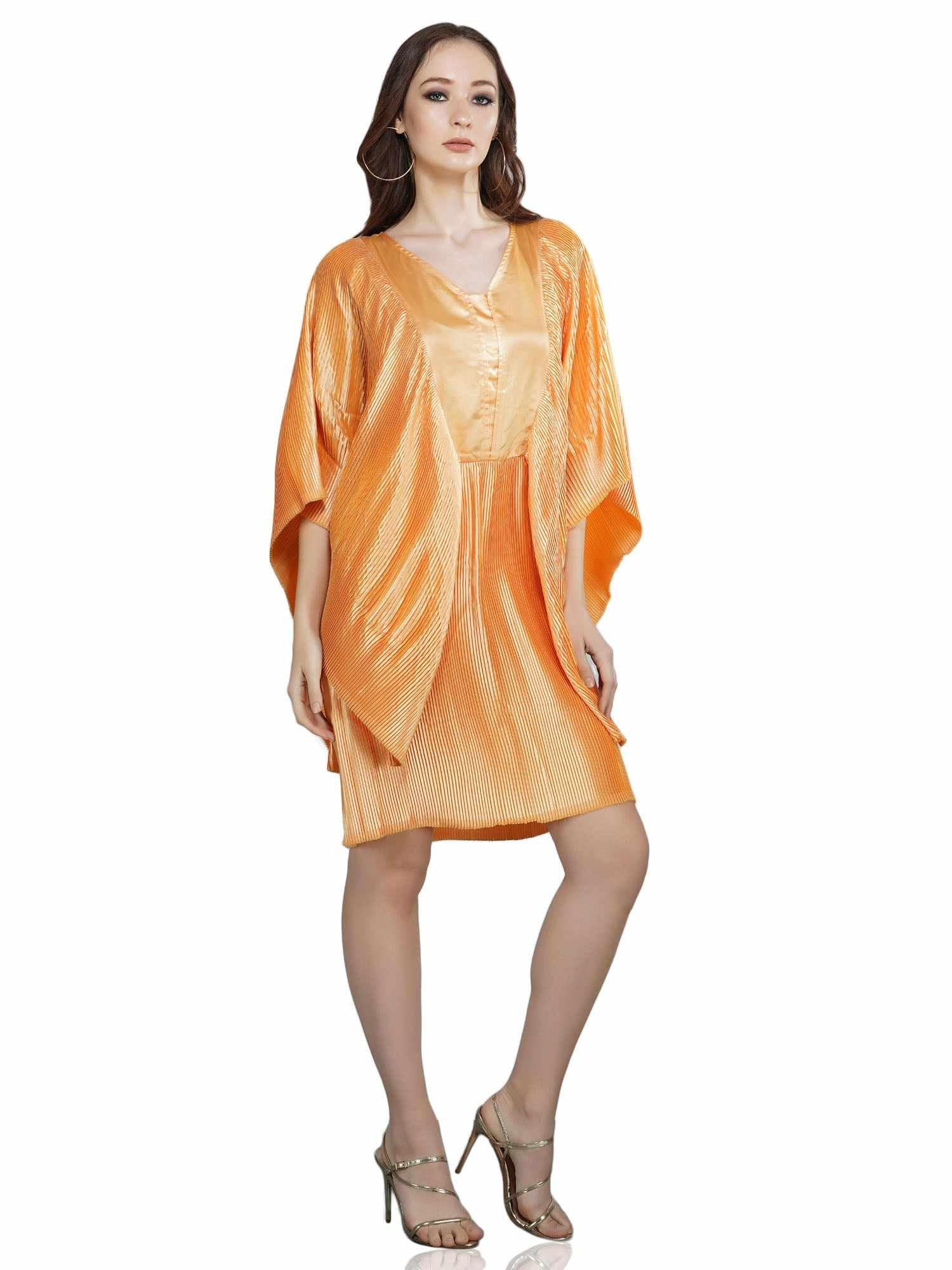 flutter sleeve pleated satin dress