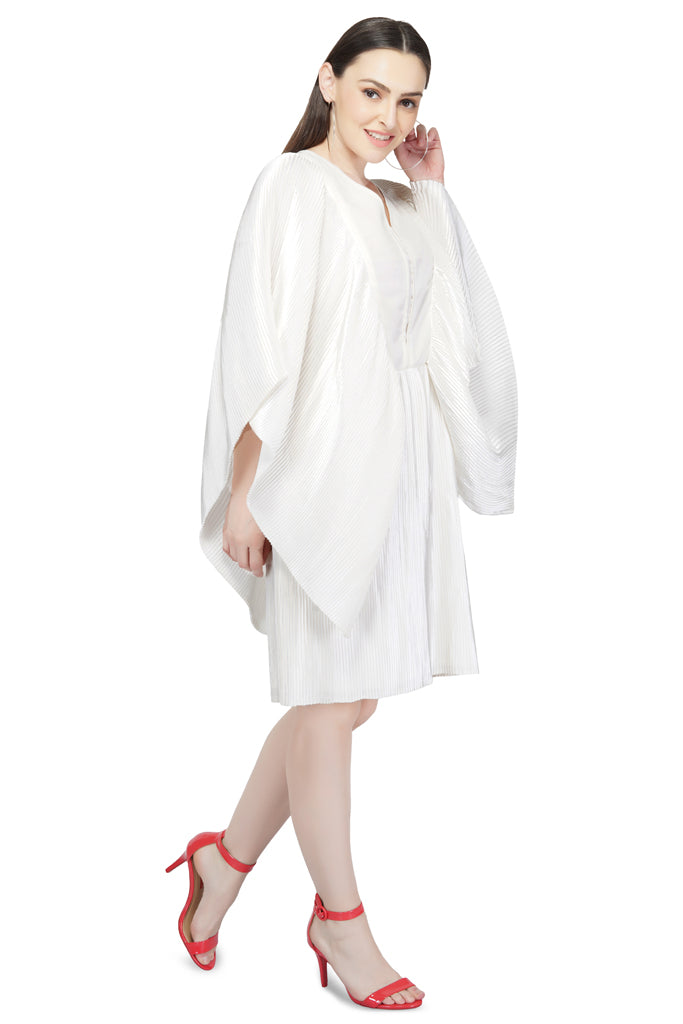 flutter sleeve pleated white satin dress