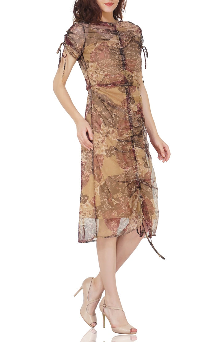 printed tulle dress with beige slip