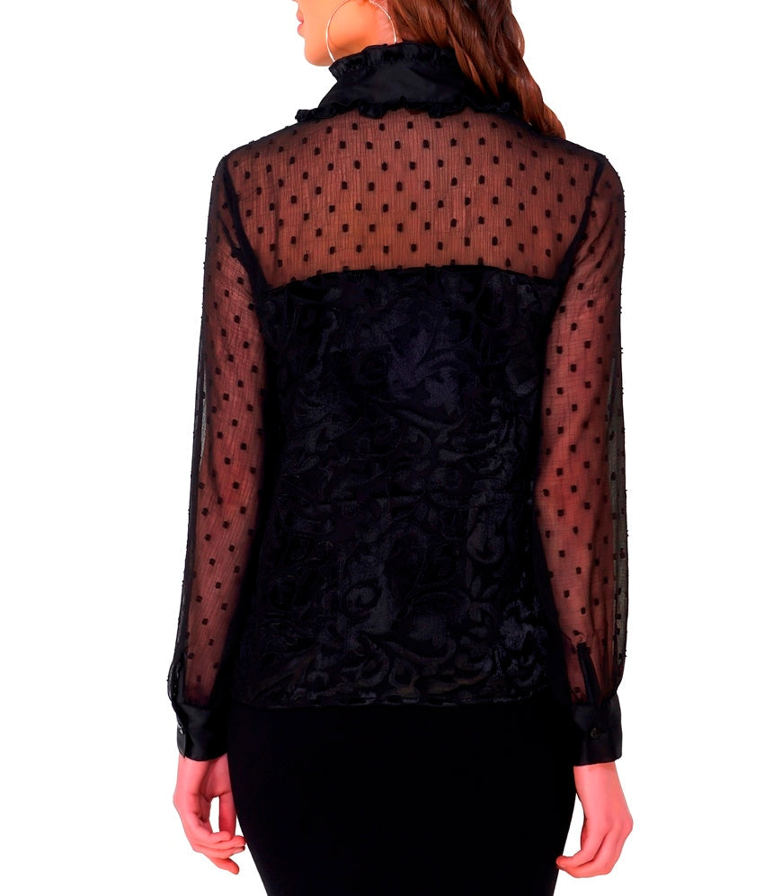 burnout velvet polka dot tulle pussy bow tie top