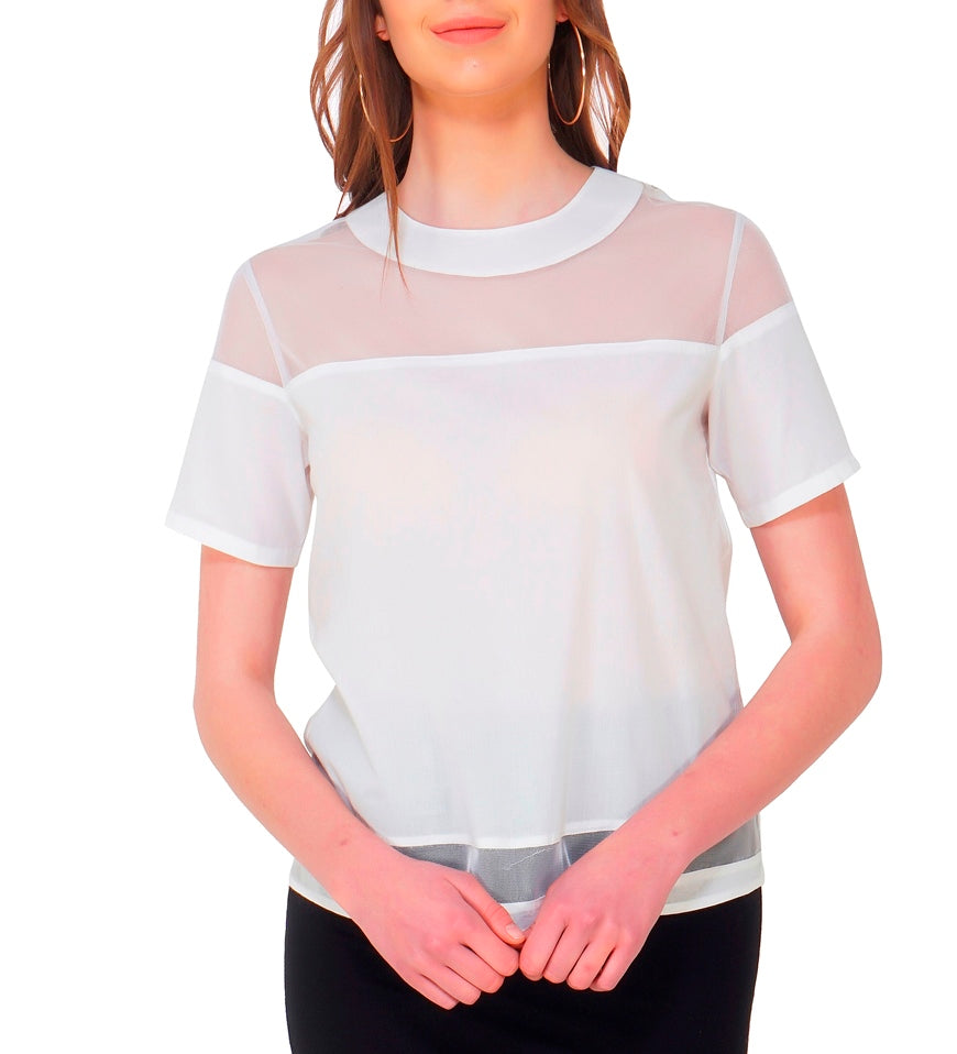 white tulle yoke and cotton top half sleeve with round neck