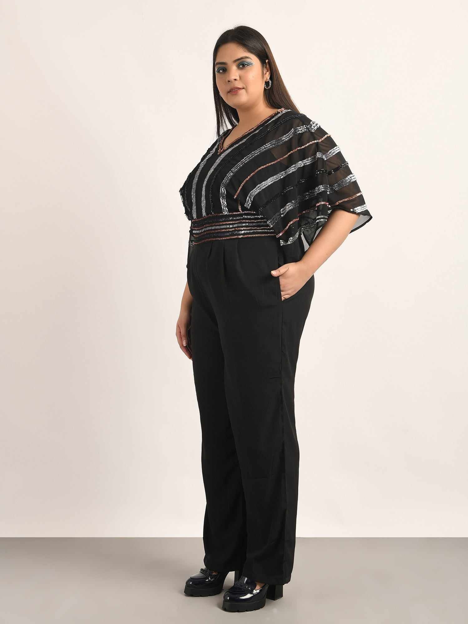 attic curves flutter sleeve rainbow sequin jumpsuit
