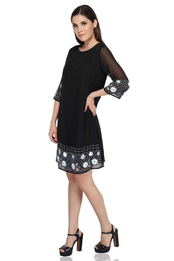 border embellished black dress