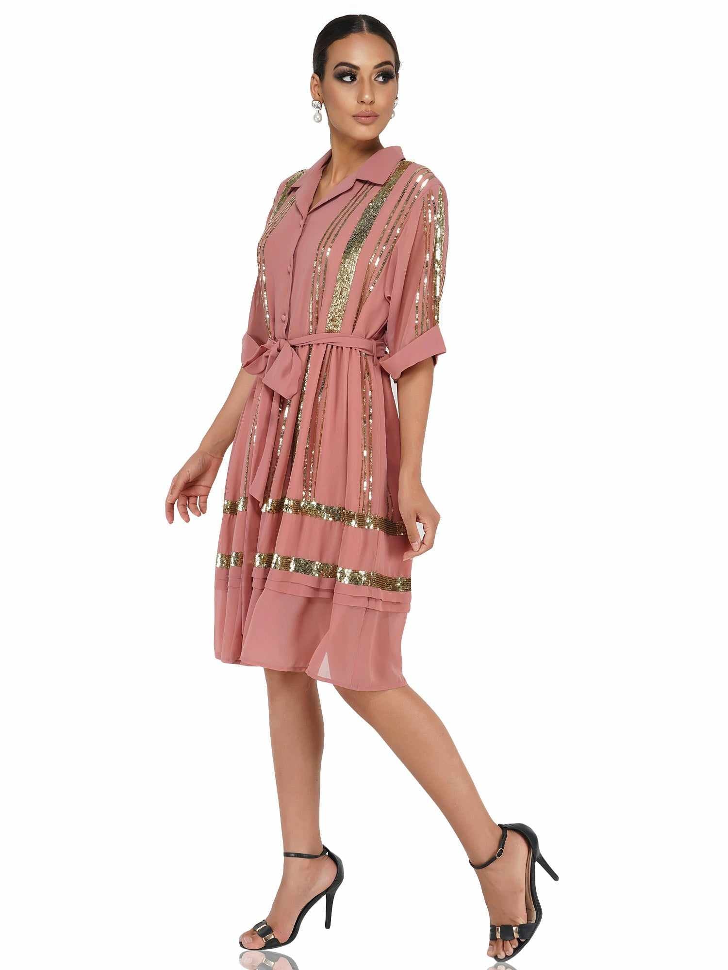 sequined mock shirt dress