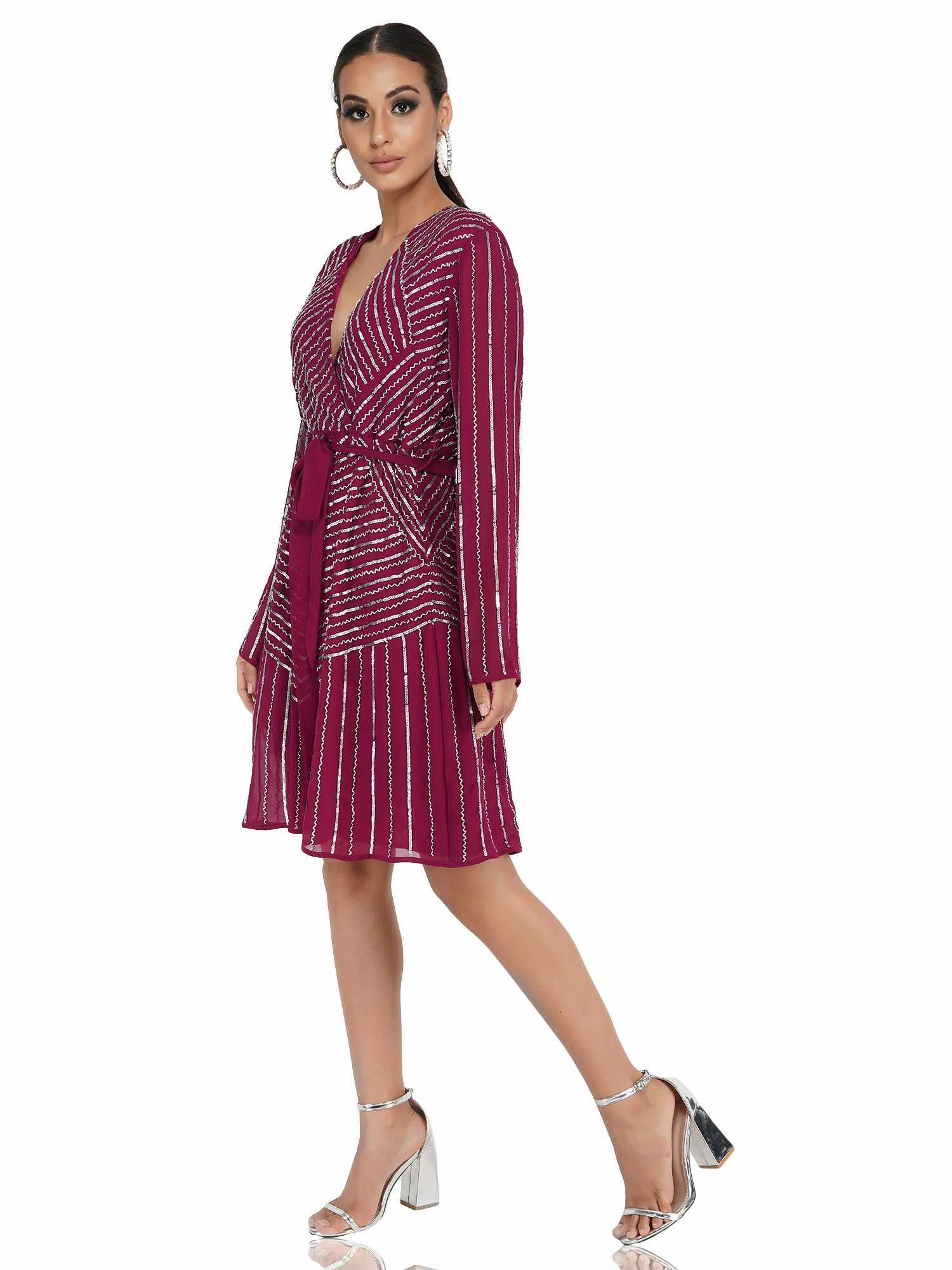 silver beaded purple dress with tie