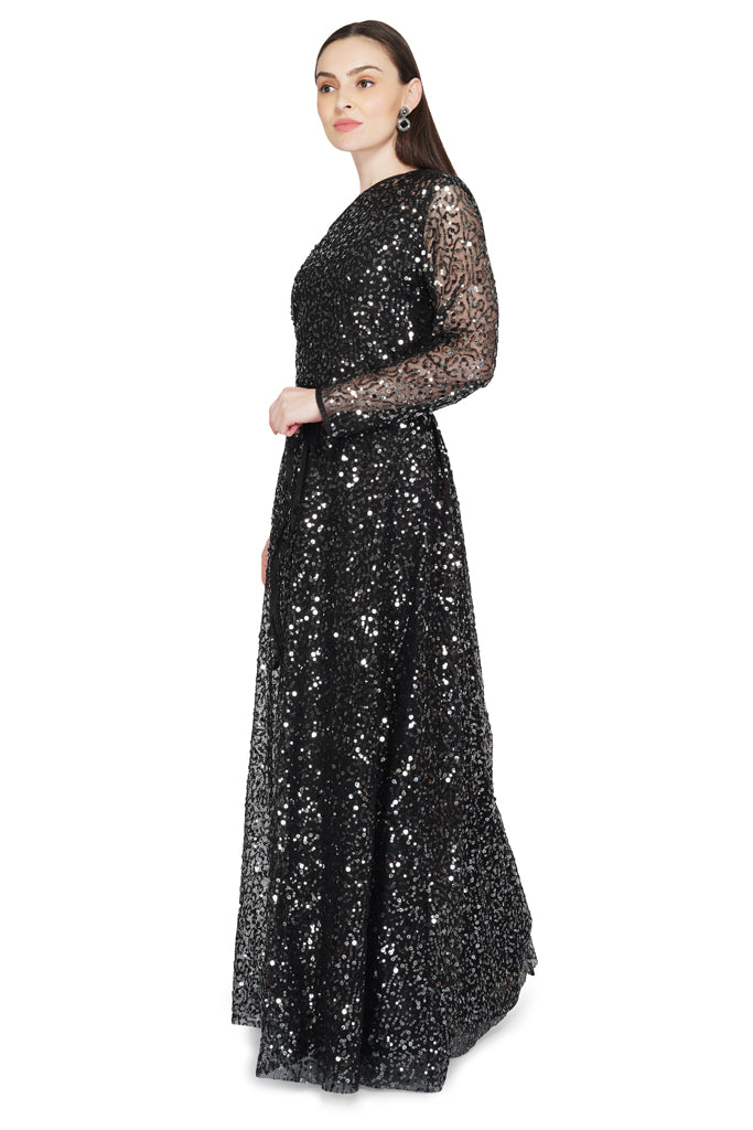 off shoulder black sequin gown