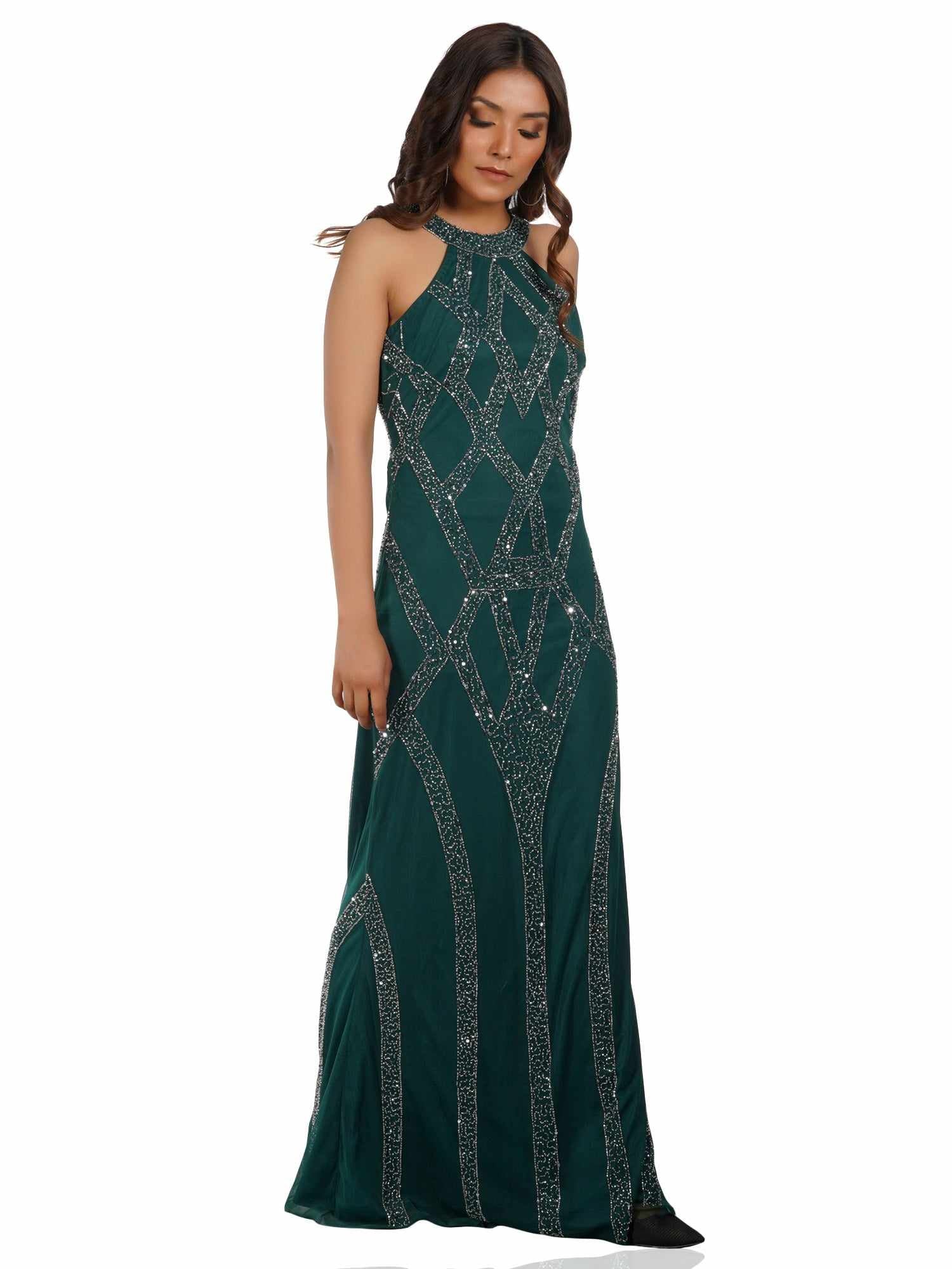 green halter neck gown
