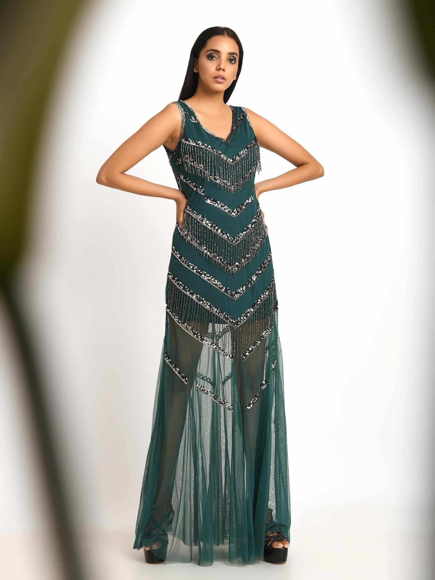 embellished green tulle gown