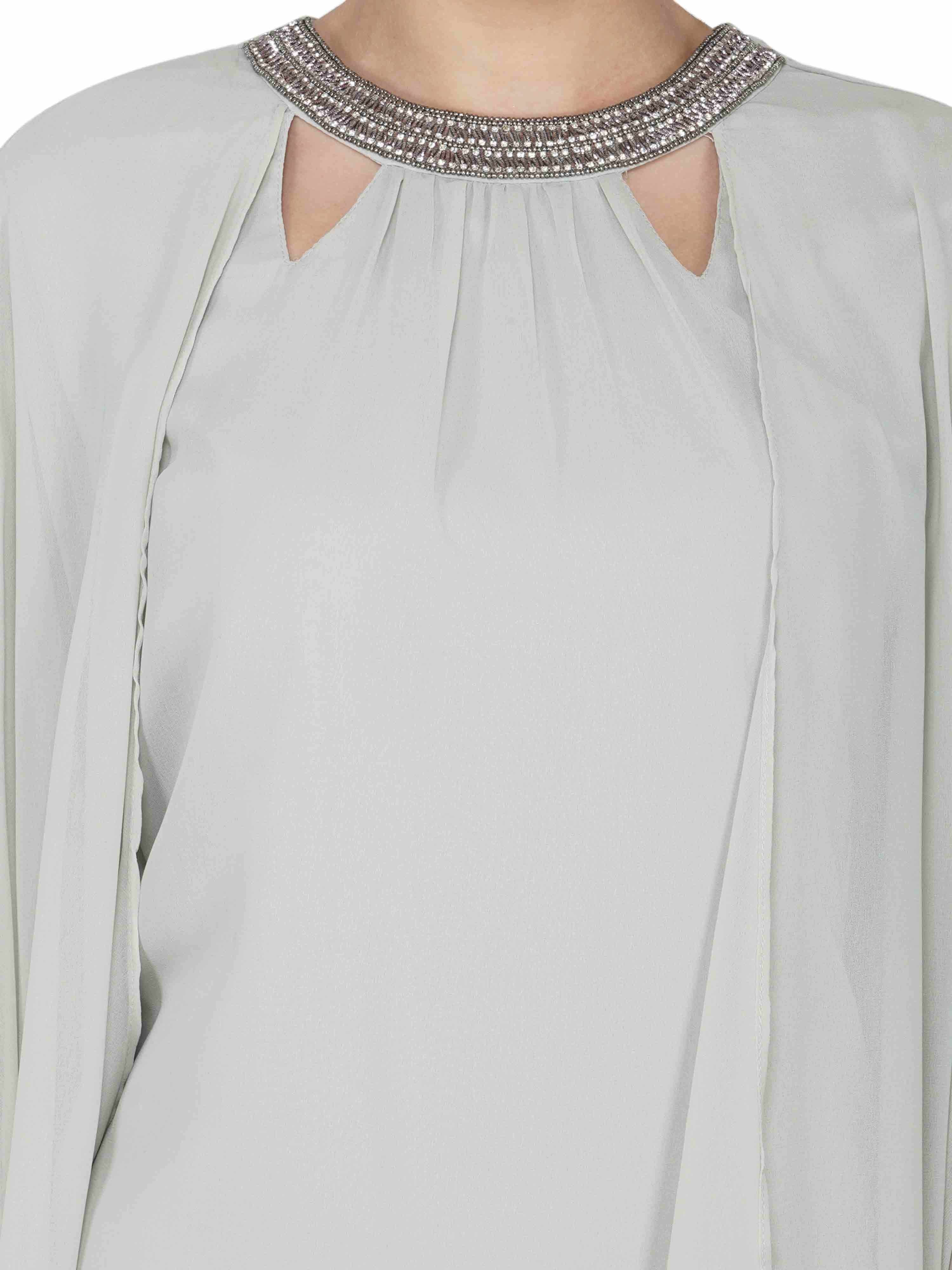 grey necklace cape sleeves dress