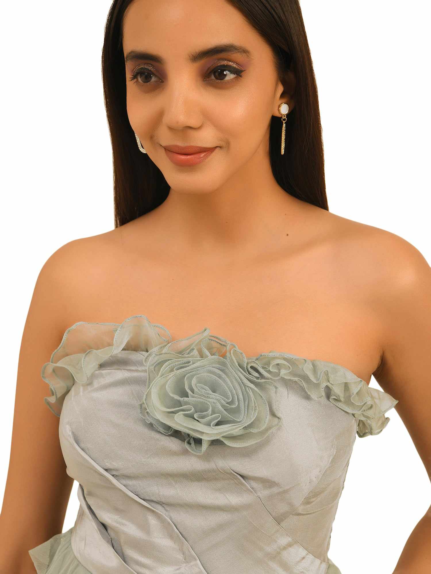 prom night ruffled grey gown