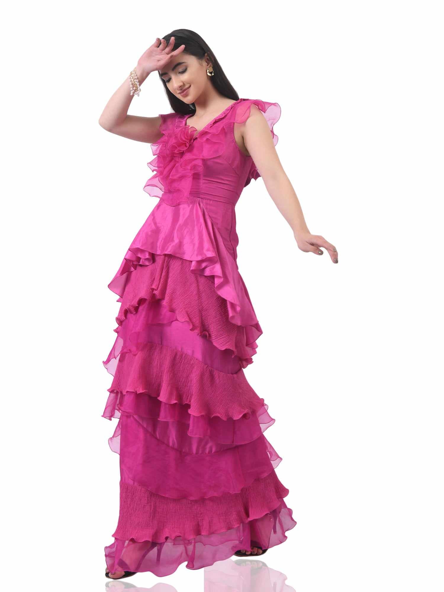fushcia pink tier gown