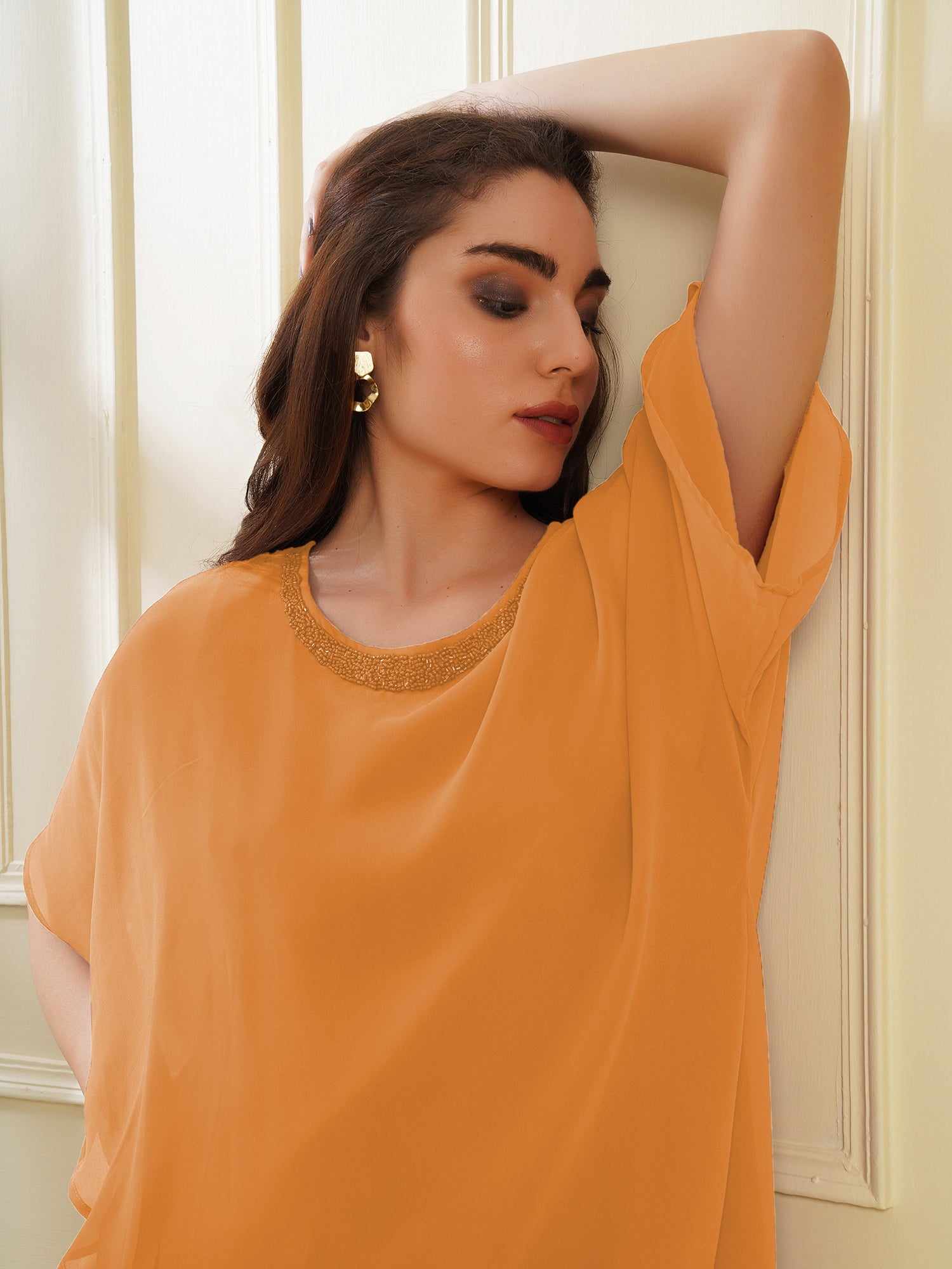 popover orange dress with neck embellishment