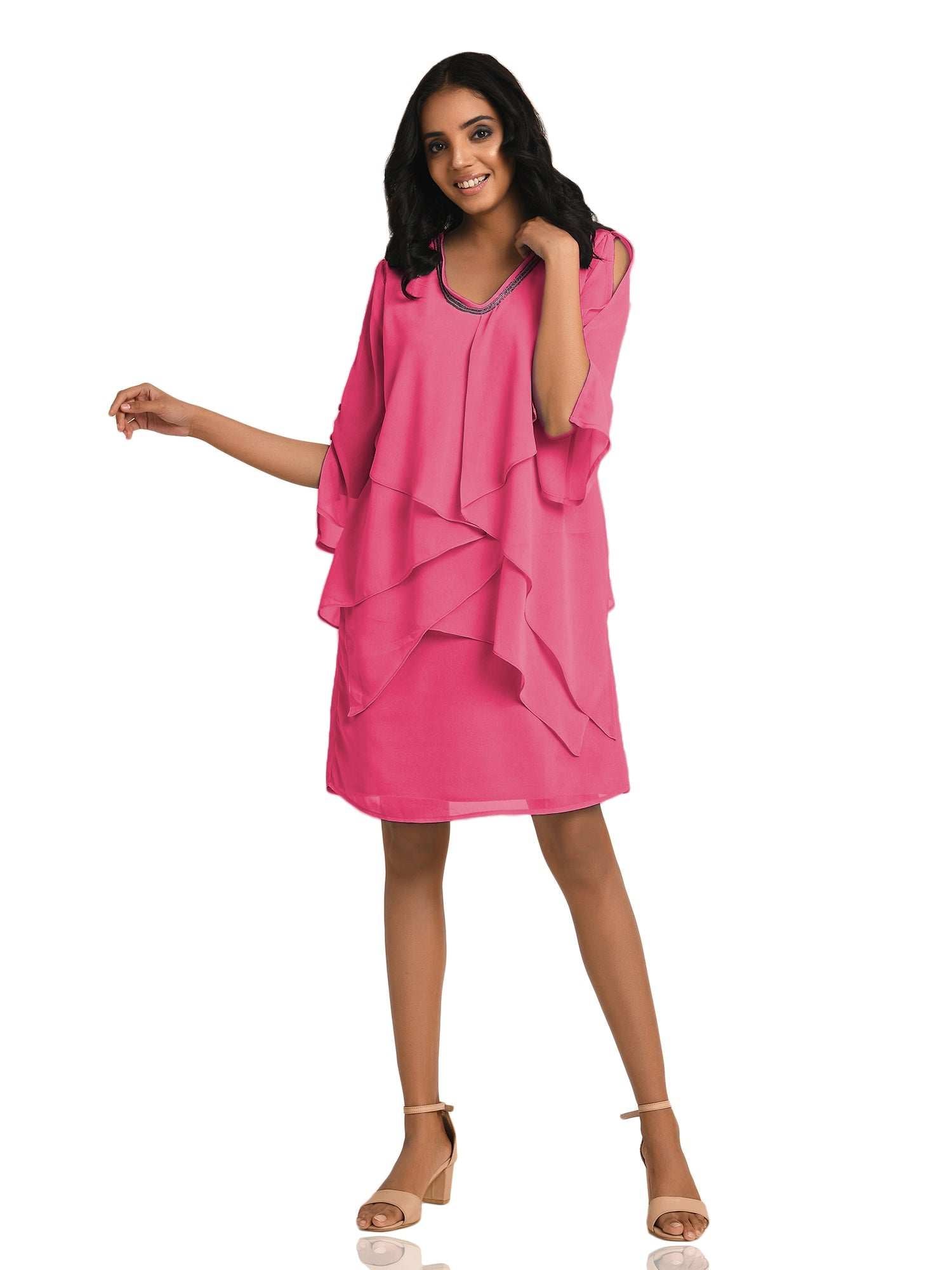 tiered pink v neck dress