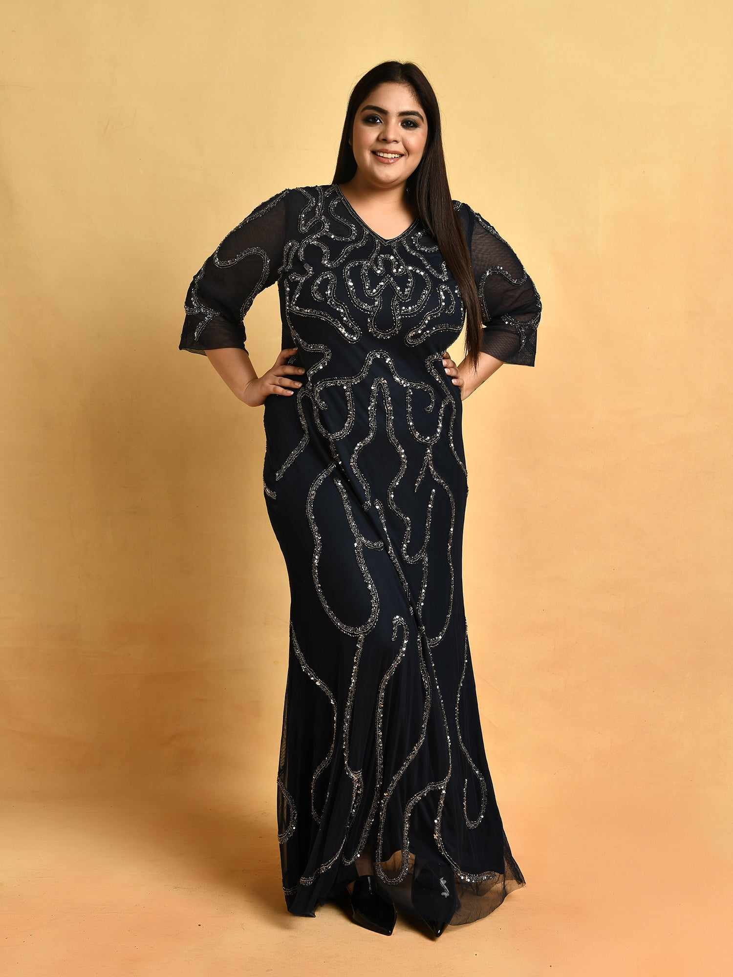 attic curves ever pretty embellished navy gown