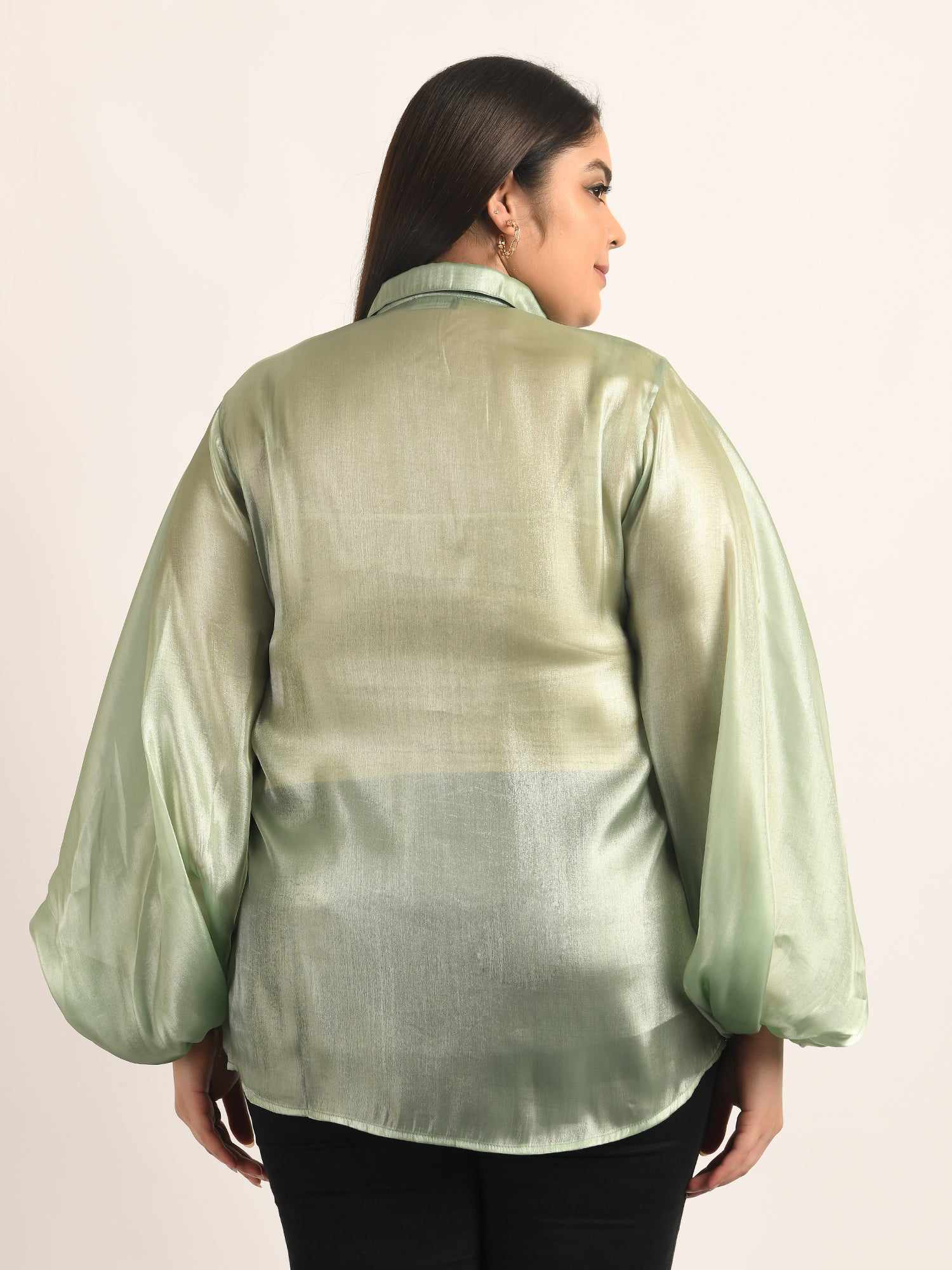 attic curves lime green billowy sleeved glass organza shirt