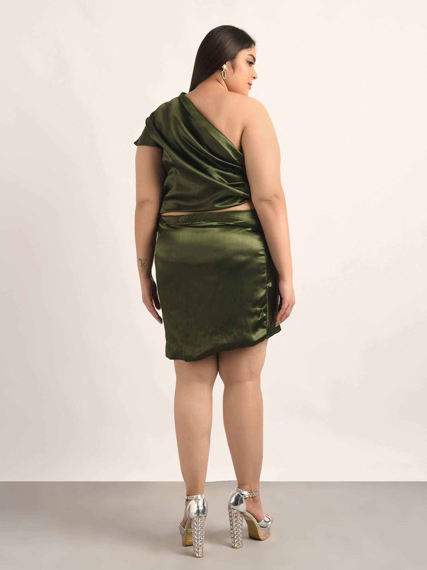 attic curves shiny satin olive green pleated wrap skirt