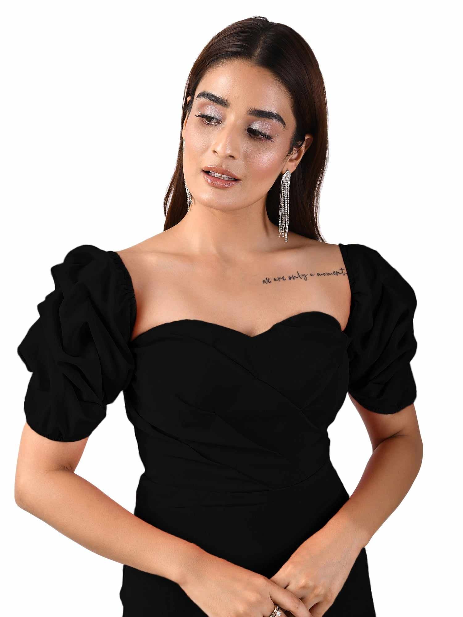 black squesh balloon ruffle sleeve dress