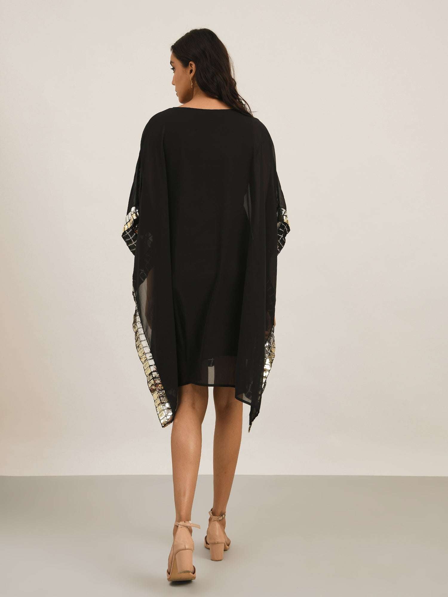black dual tone sequins cape dress
