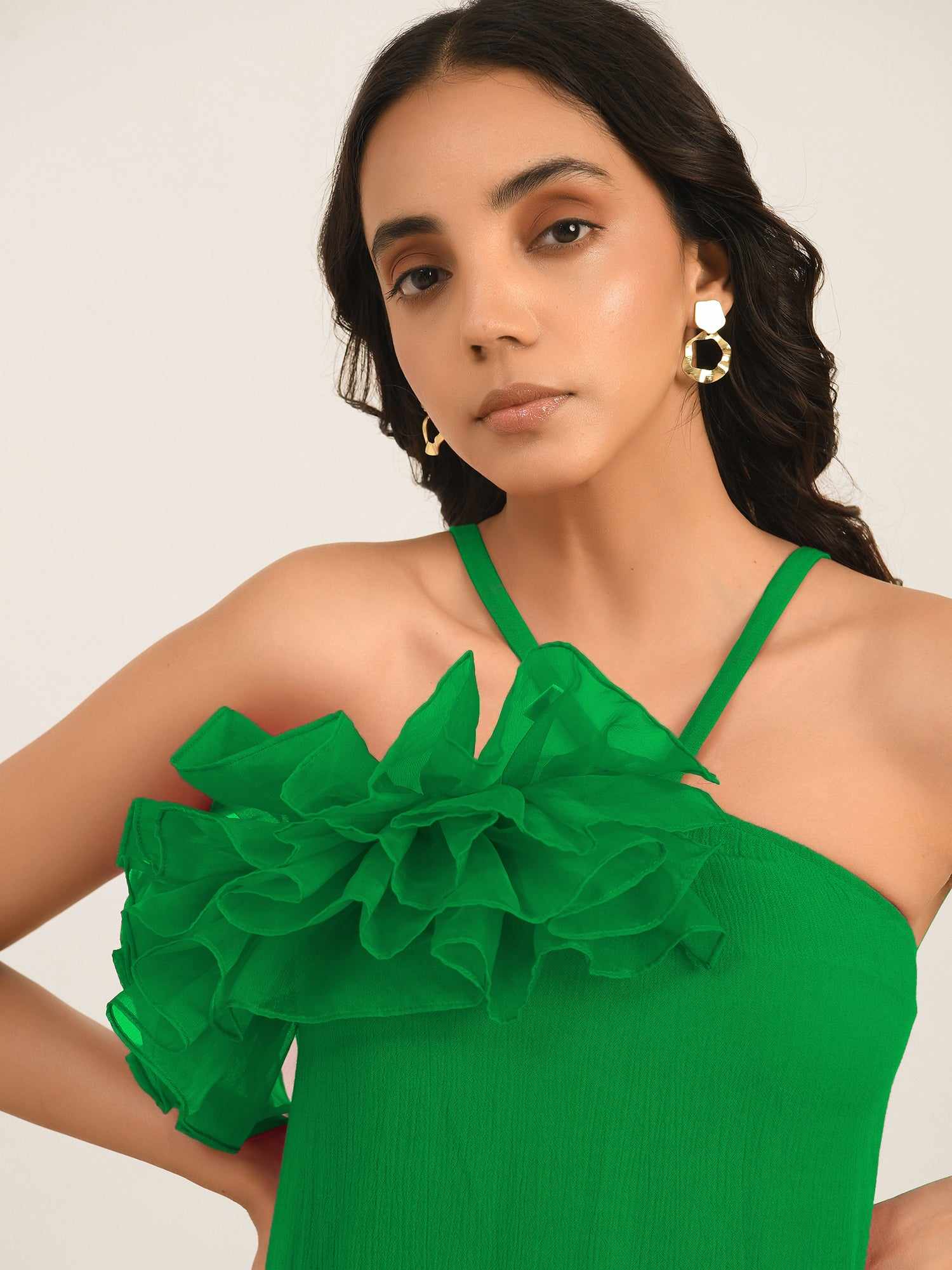 luxury vacay green a line ruffle dress