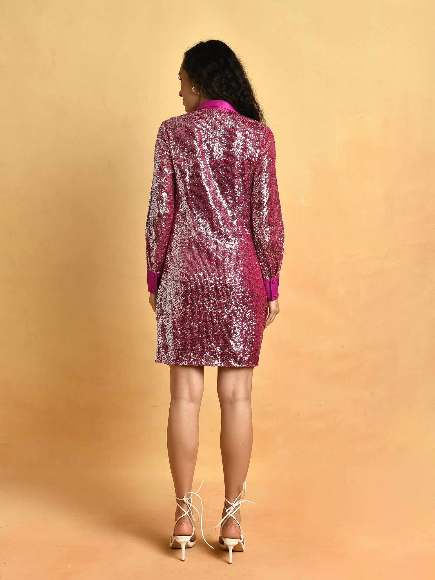 party calling glistening pink dress