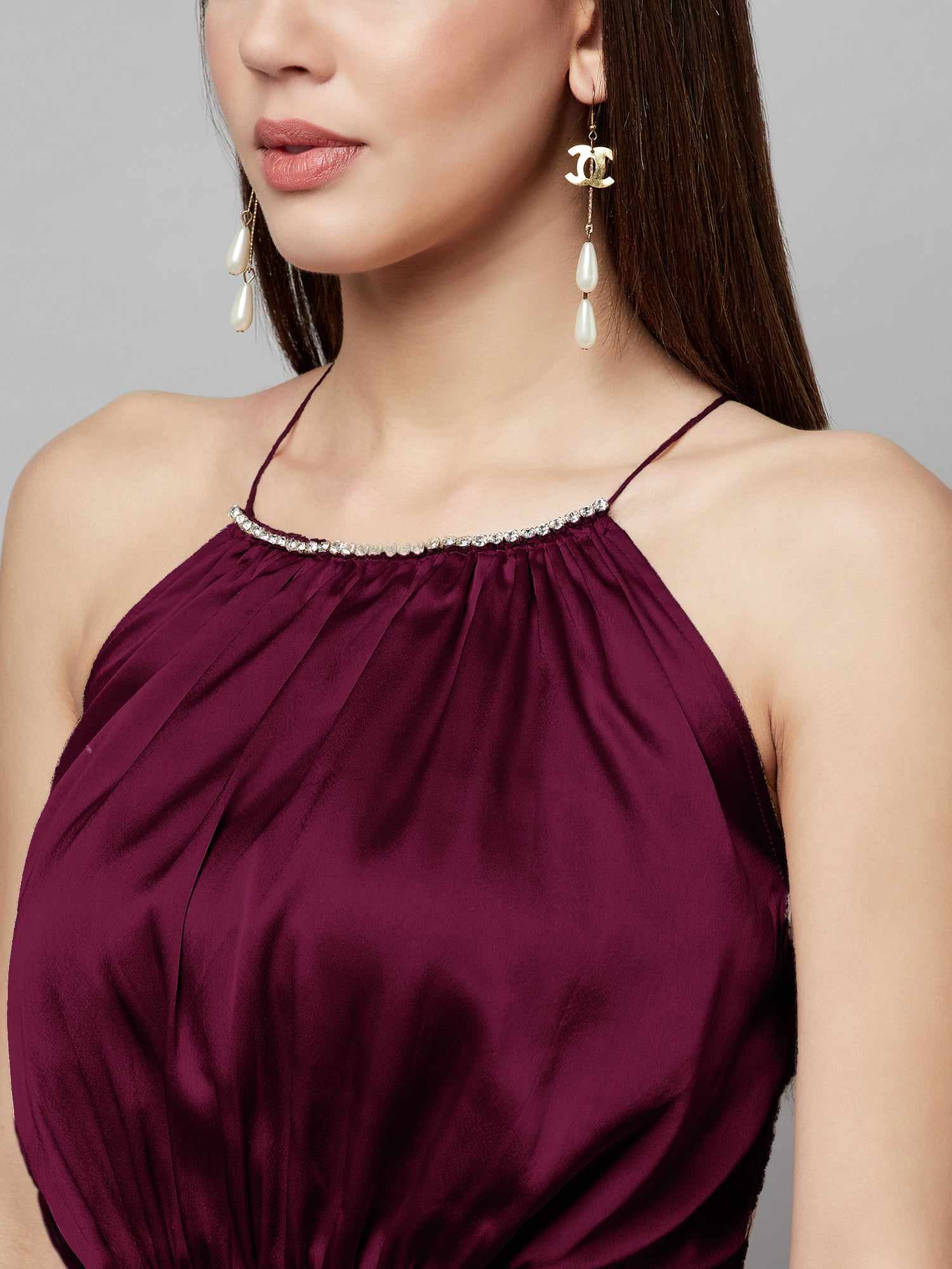 halter neck wine dress