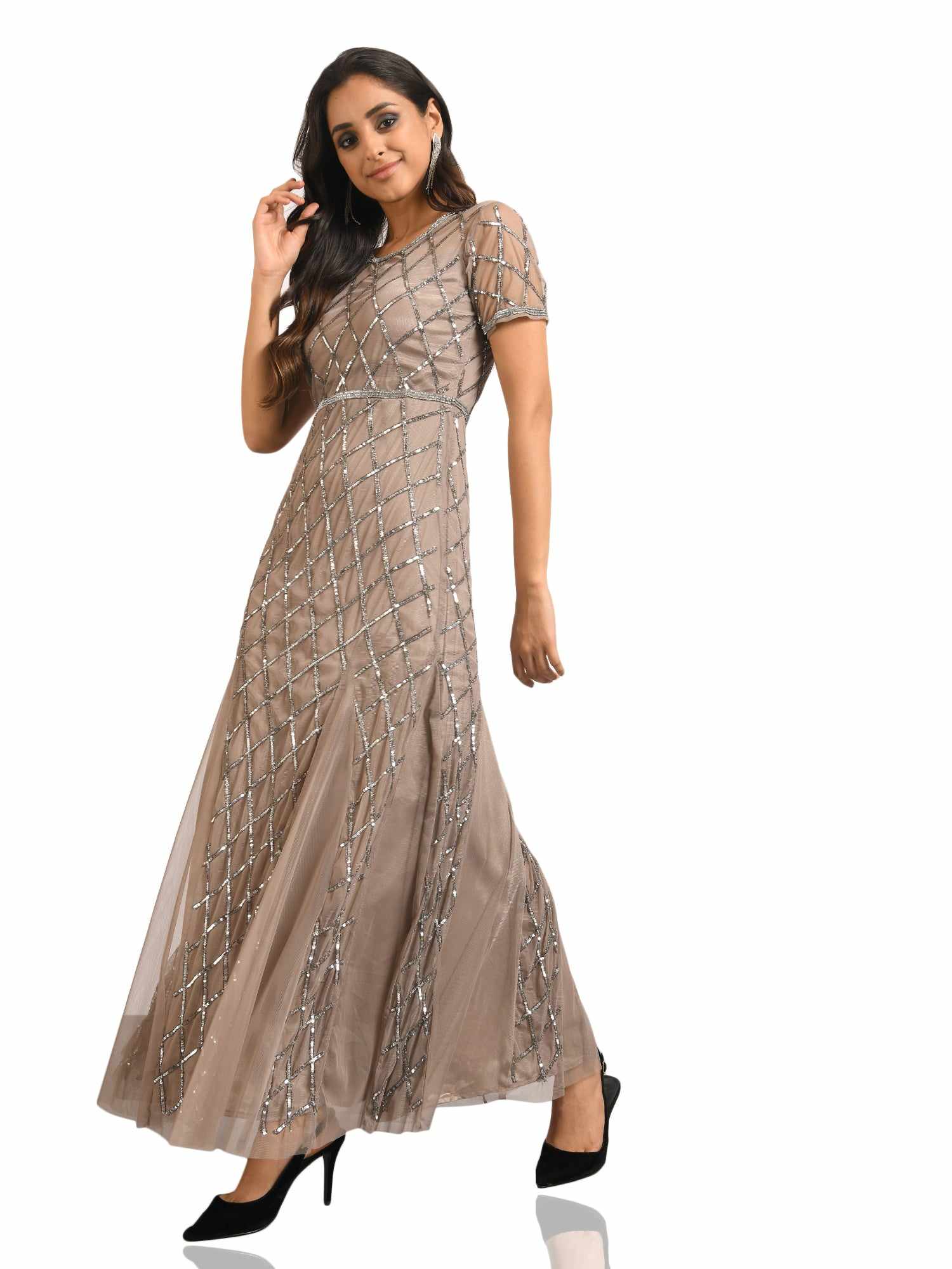 embellished beige tulle gown