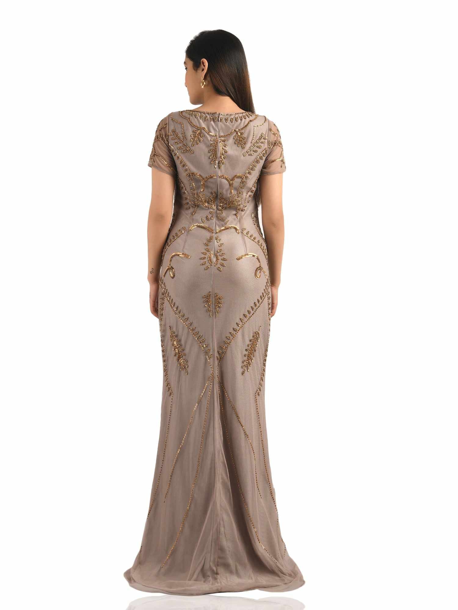 beige on gold embellished gown