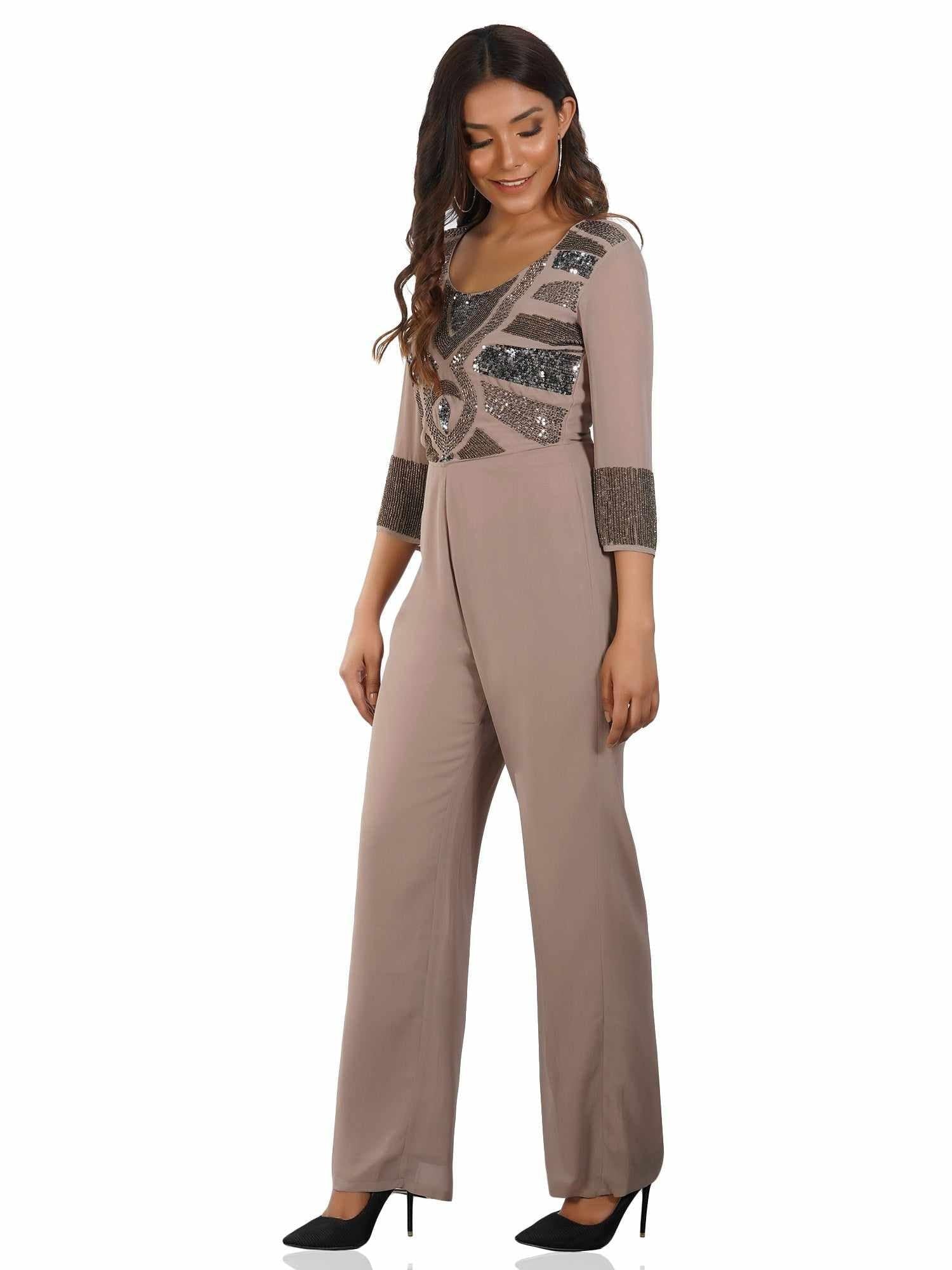 Limelight Stealing Beige Georgette Embroidered Jumpsuit