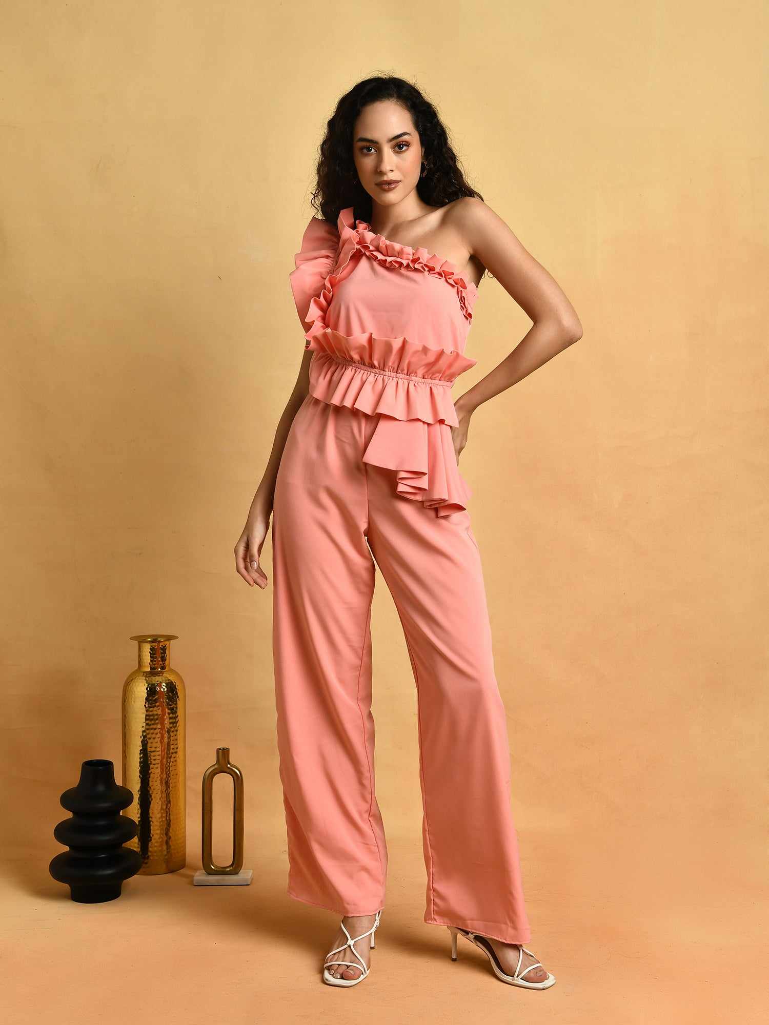party mood on peach jumpsuit