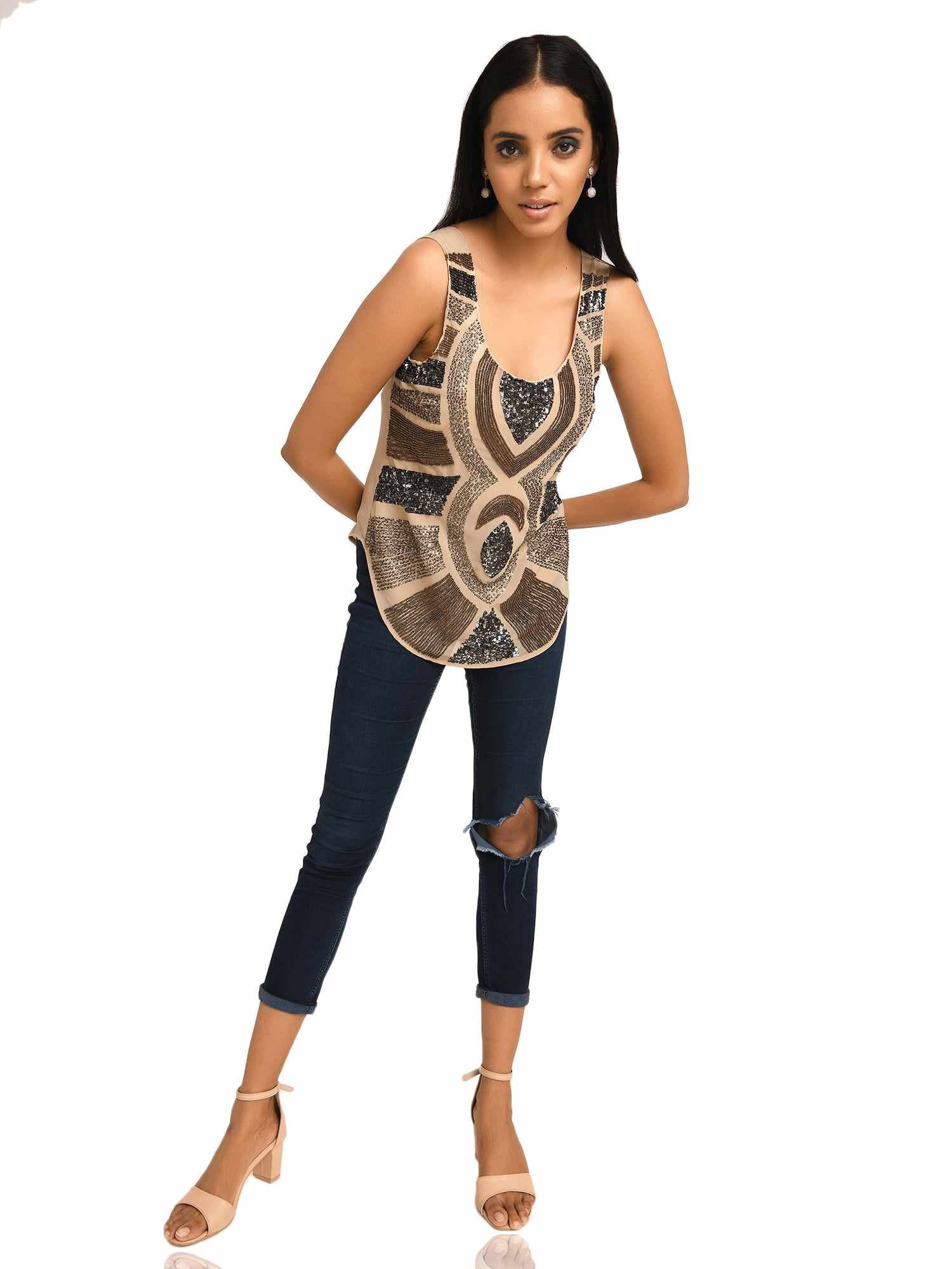 nude sleeveless abstract embroidery top