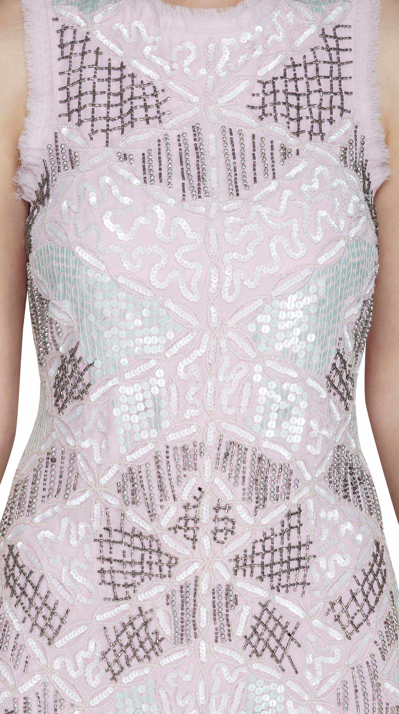 baby pink geometric embellished fringe dress